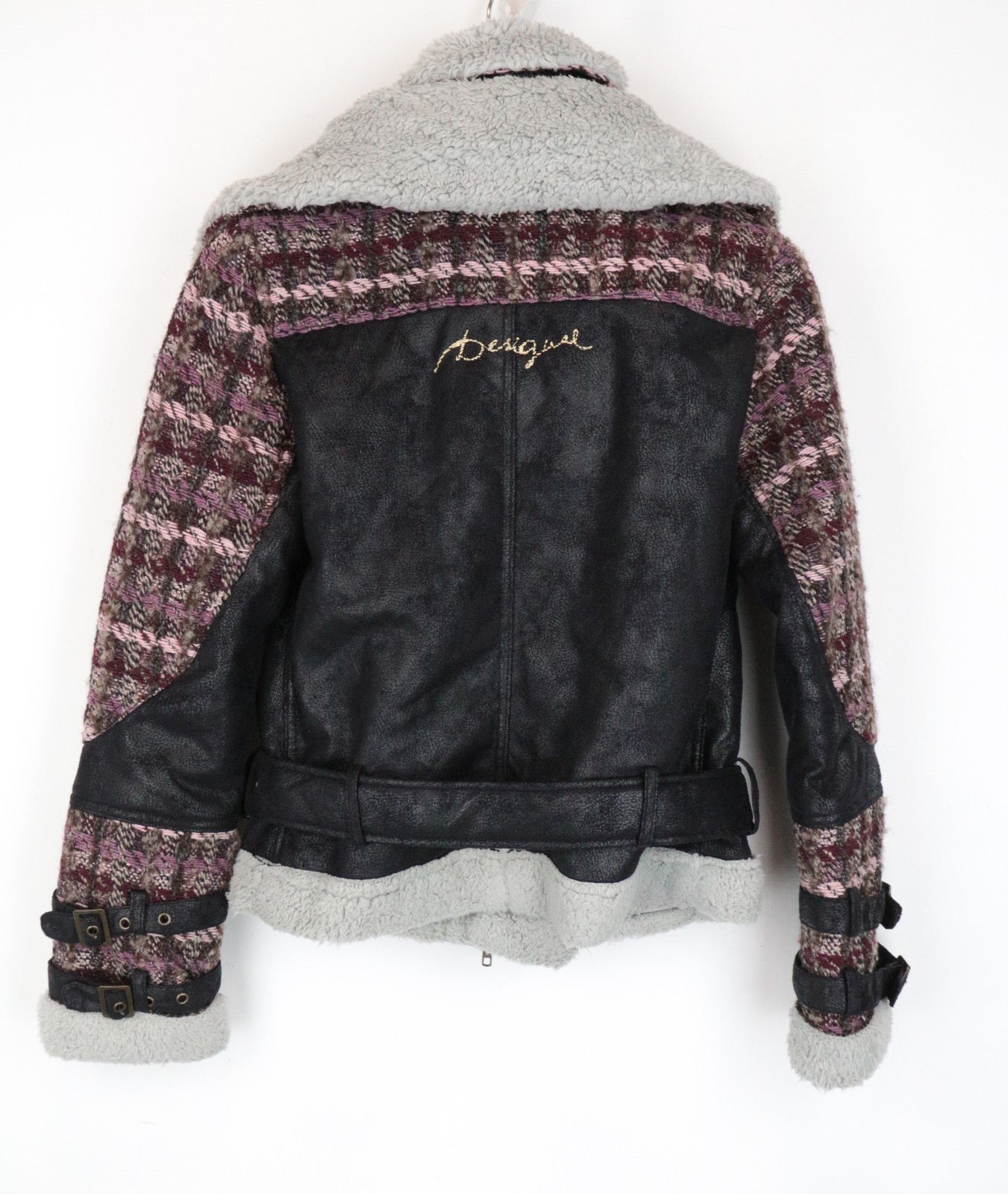 DESIGUAL Women's Coat EU36 Wool Faux Fur Shearling Tweed Pink