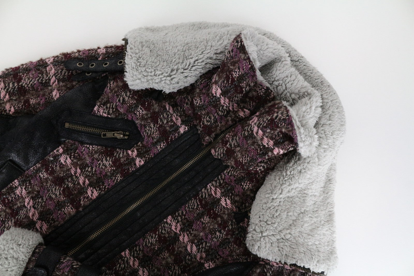 DESIGUAL Women's Coat EU36 Wool Faux Fur Shearling Tweed Pink