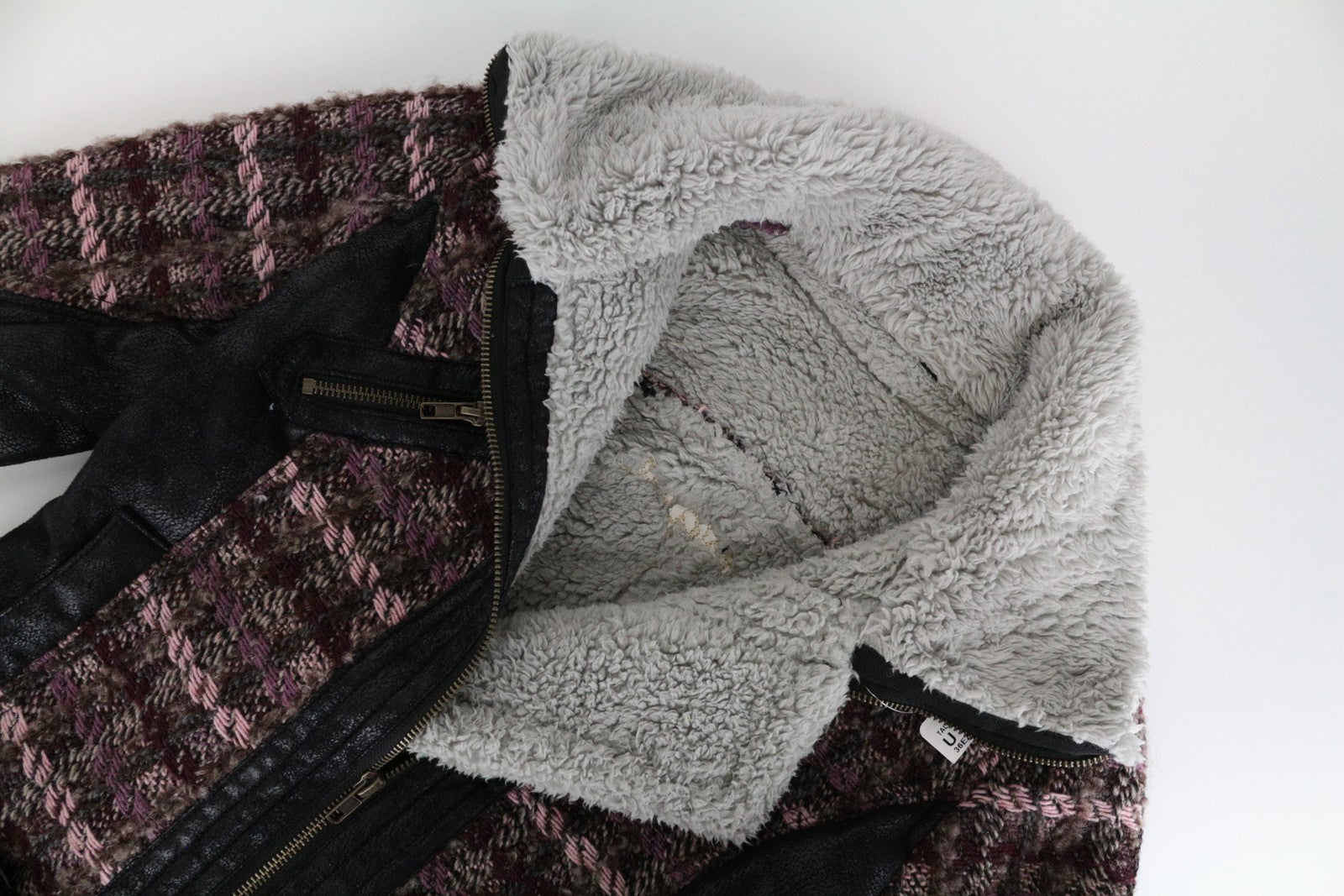 DESIGUAL Women's Coat EU36 Wool Faux Fur Shearling Tweed Pink