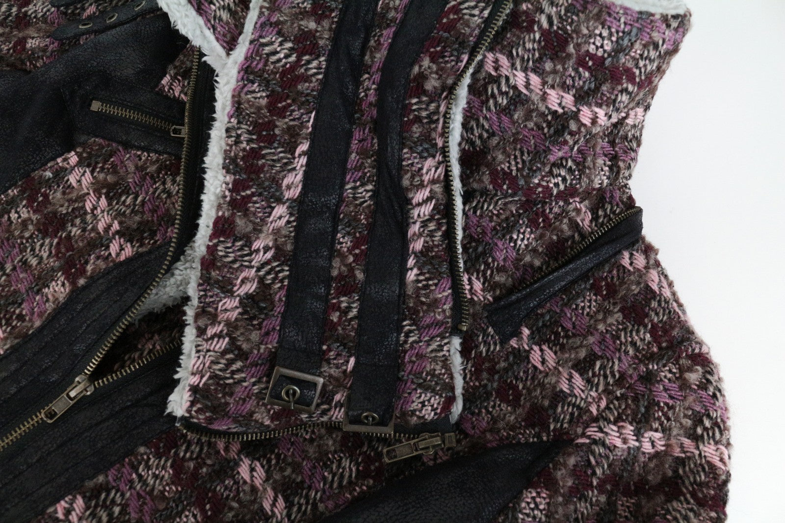 DESIGUAL Women's Coat EU36 Wool Faux Fur Shearling Tweed Pink