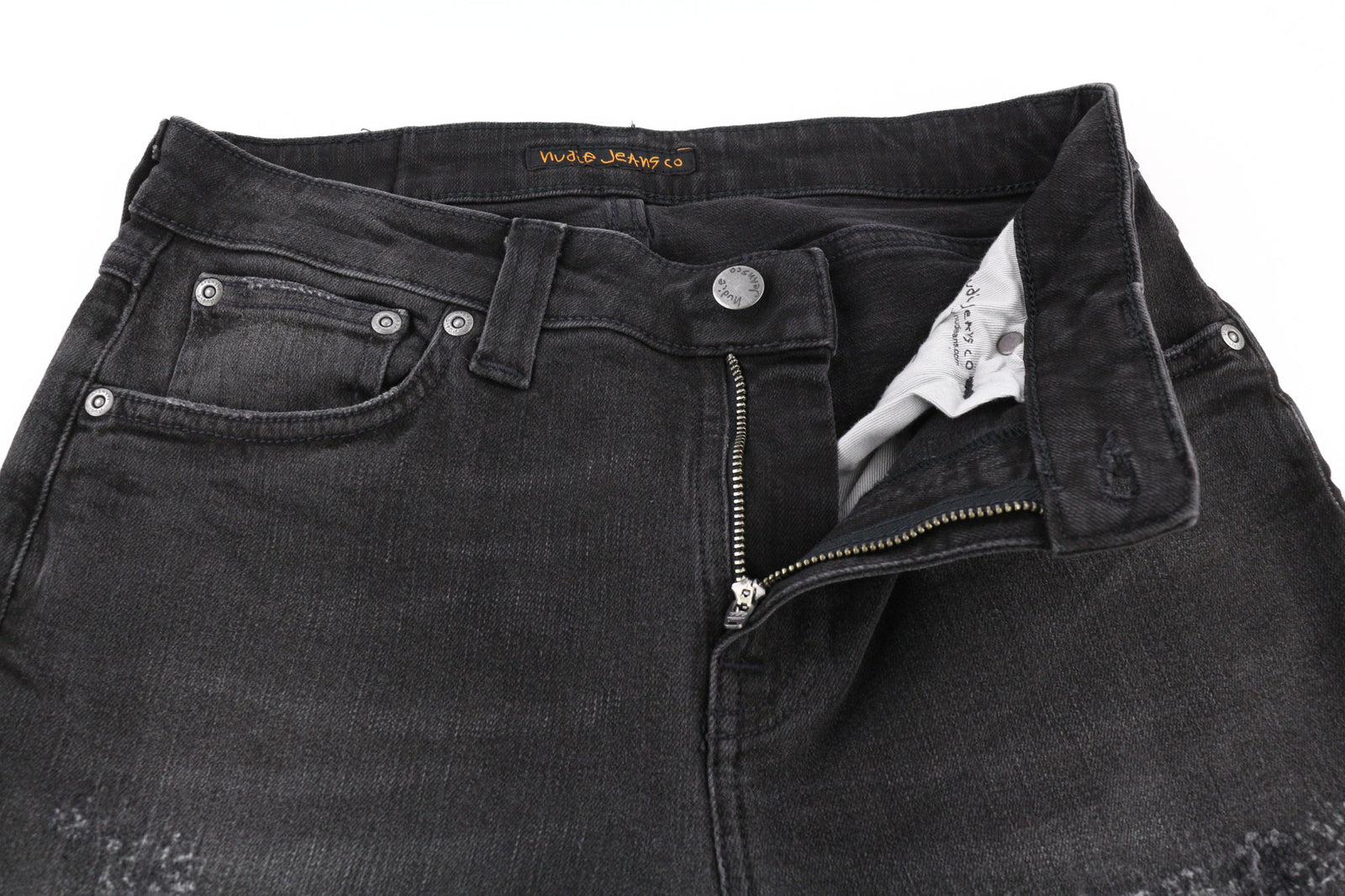 NUDIE Skinny Lin Used Black Men Jeans W30/L32 Casual Cotton Distressed Faded Zip