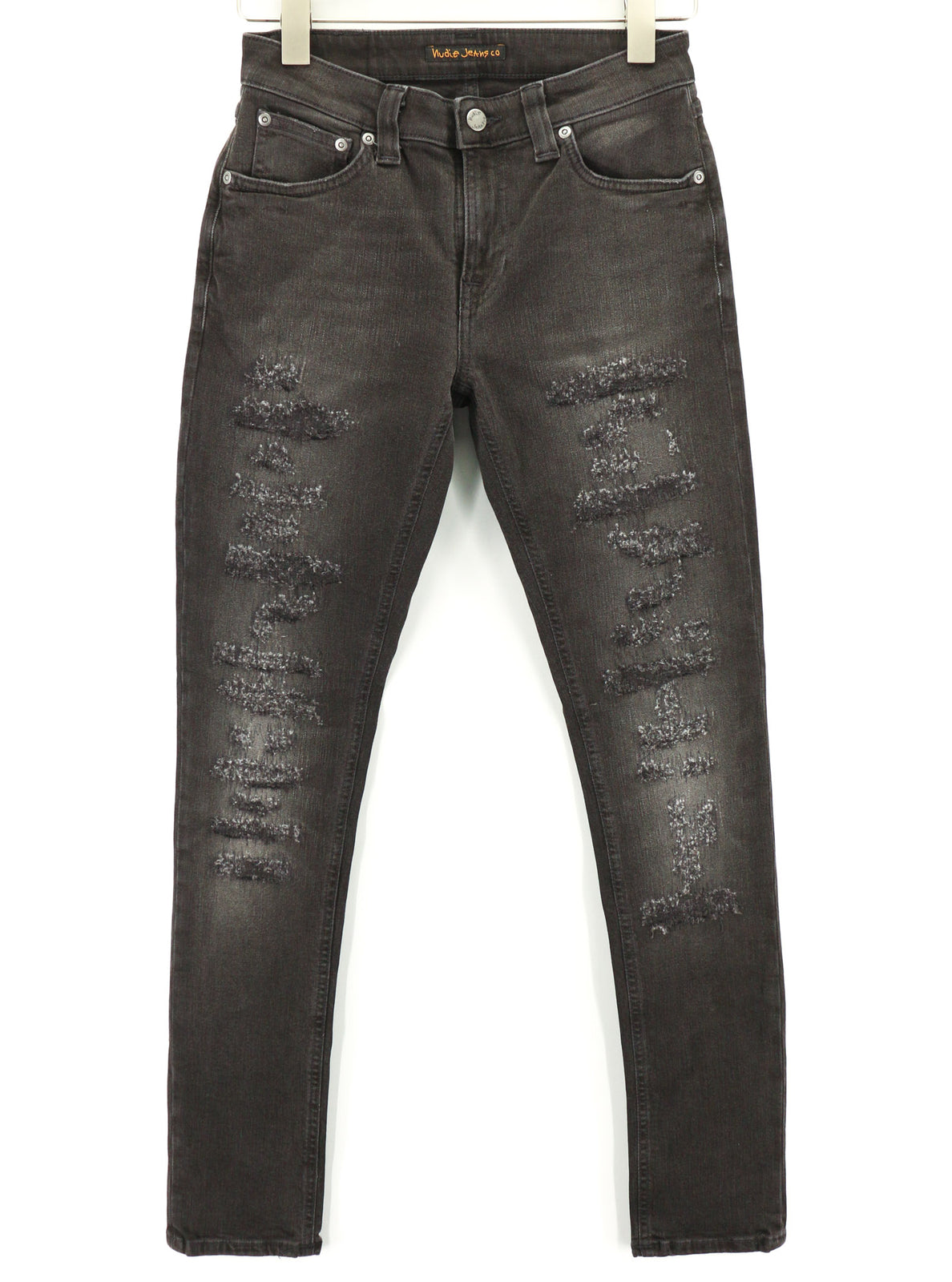 NUDIE Skinny Lin Used Black Men Jeans W28/L32 Distressed Zip Fly Pockets Faded