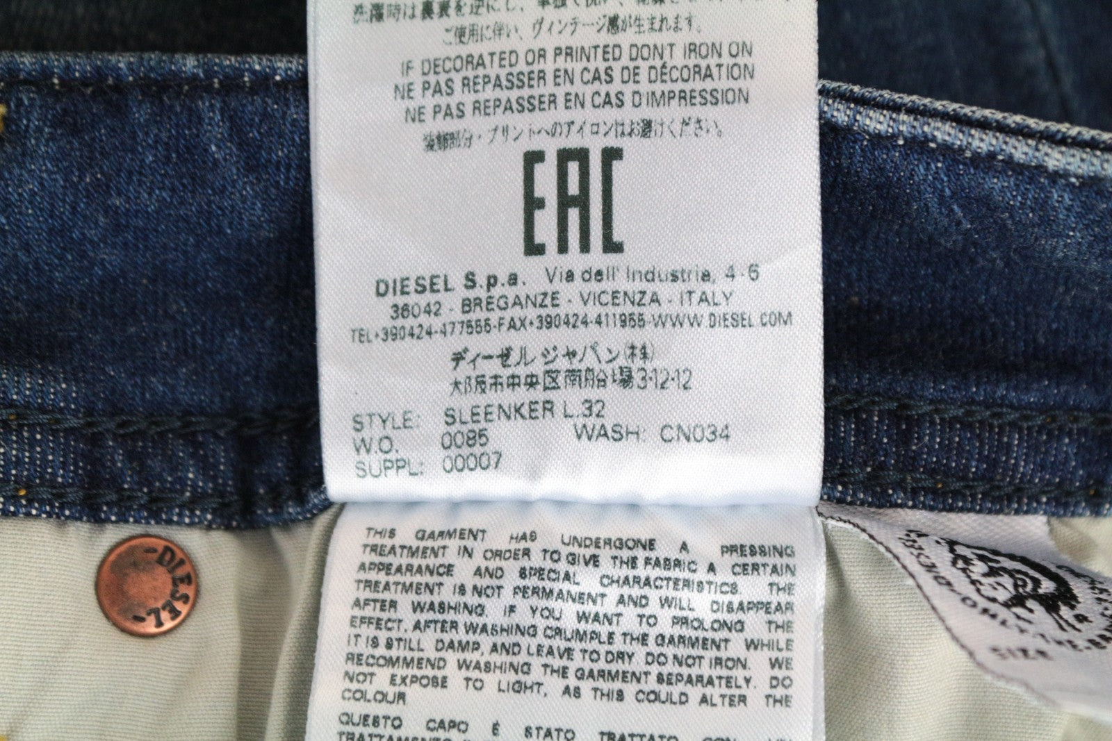 DIESEL Sleenker CN034 Men's Jeans W38/L32 Blue Slim Skinny Ripped Stretch