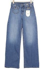 LIU JO Flare Pock Women Jeans W28 High Waist Patch Pockets Washed Denim Blue