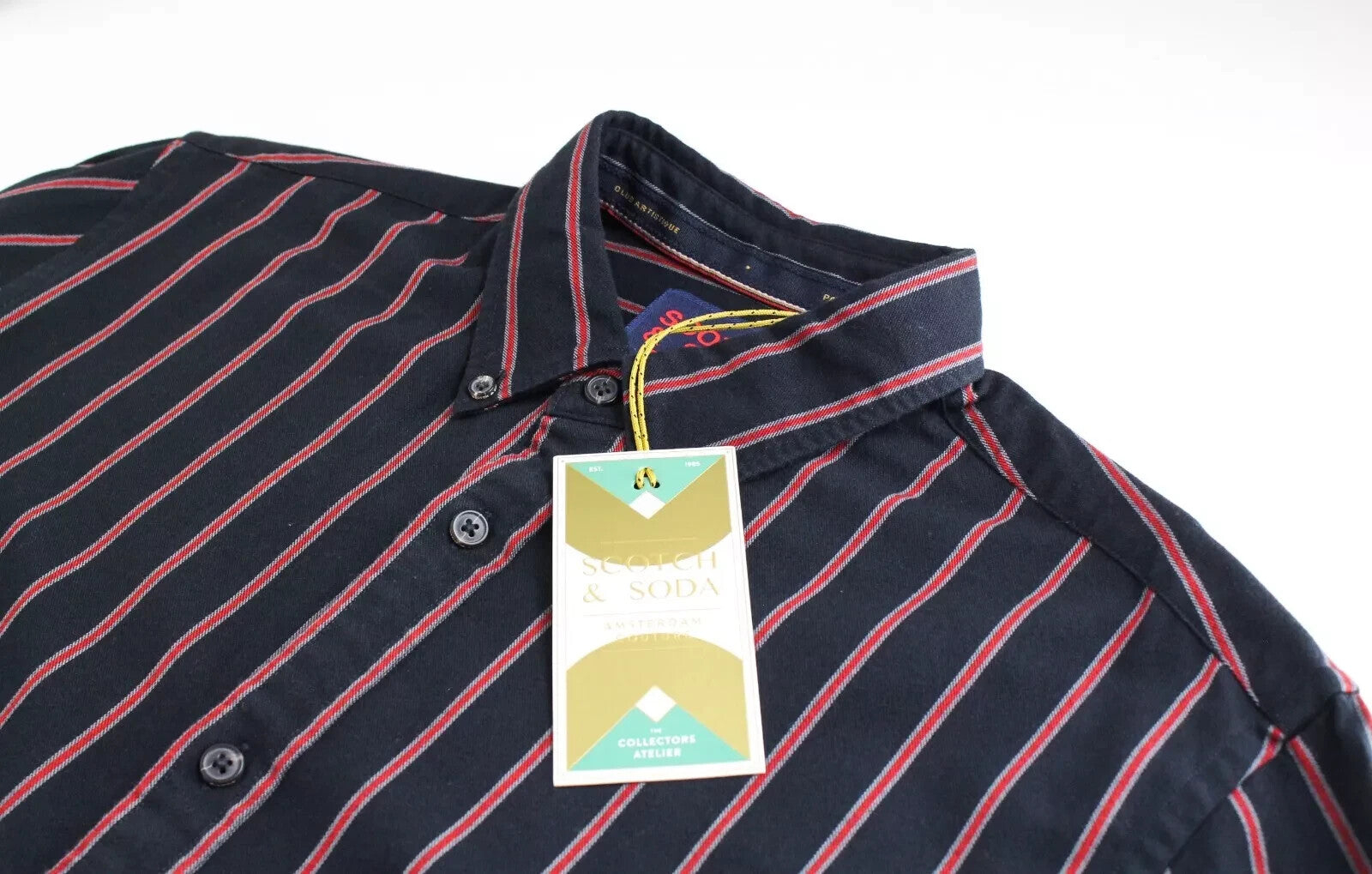 SCOTCH & SODA  Couture Mens Shirt ~XL Navy Pink Cotton Wool Striped Stretch