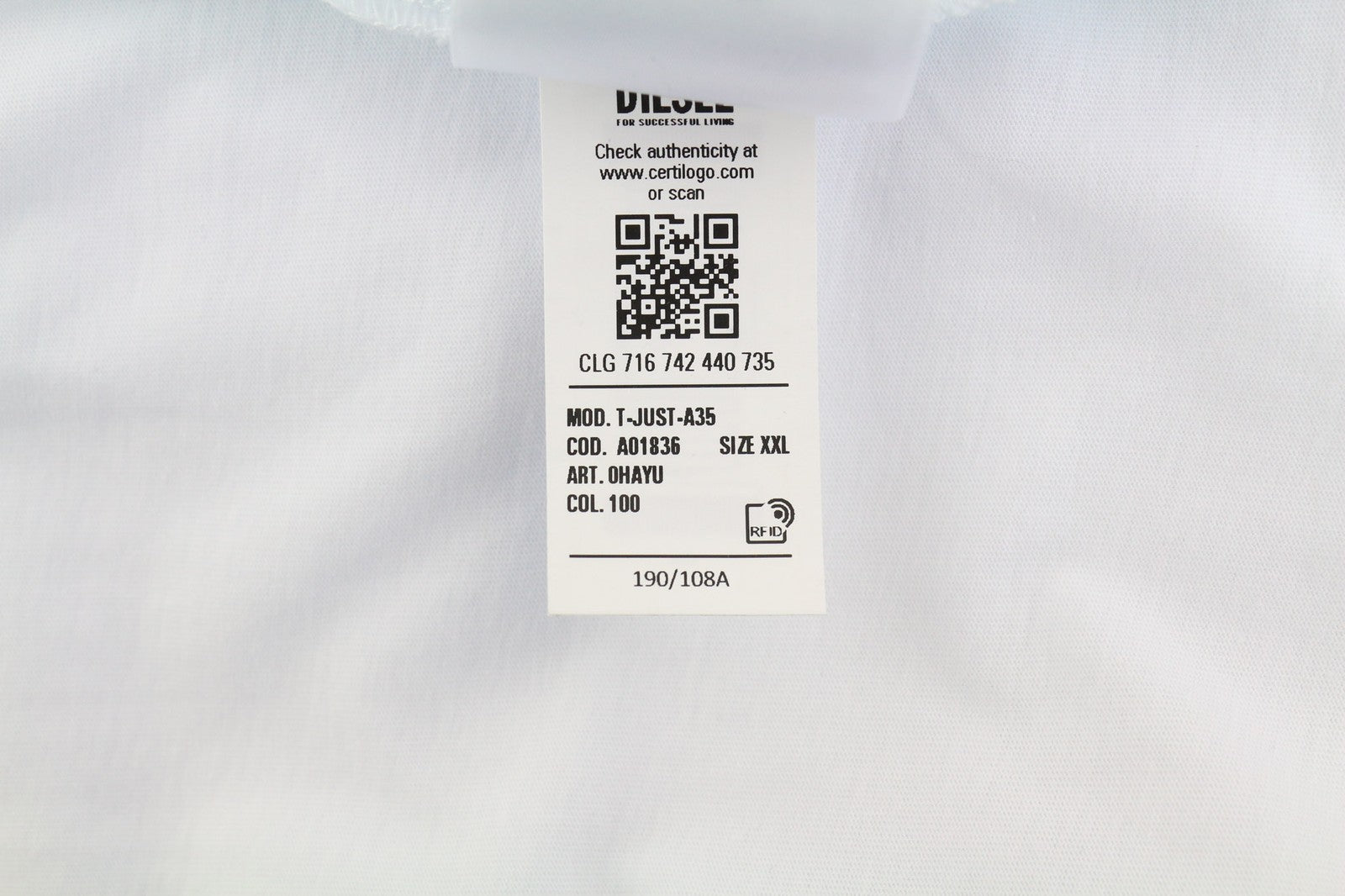 DIESEL T-Just-A35 Mens T-Shirt 2XL Short Sleeve Crew Collar  Tricot White