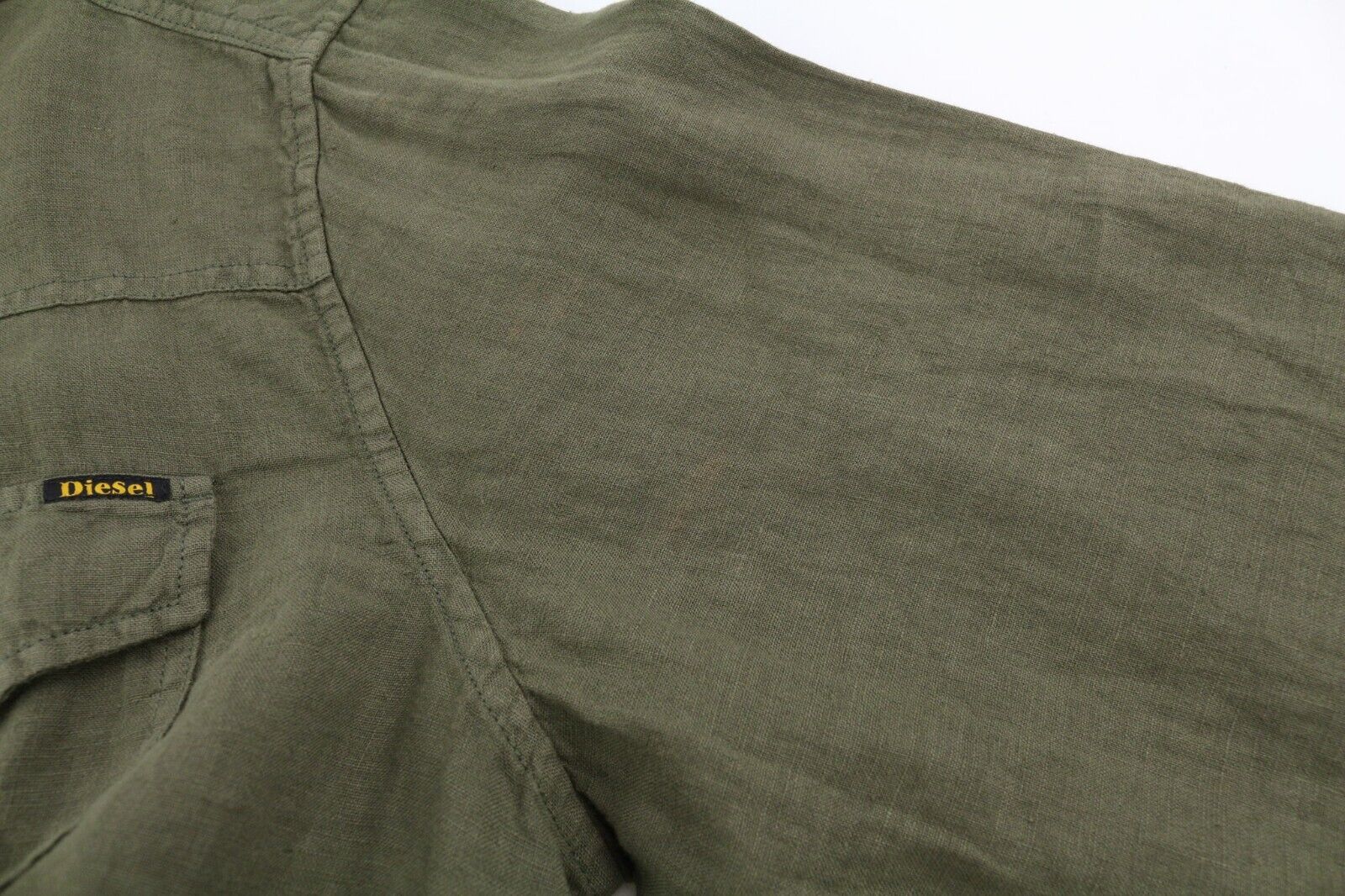 DIESEL S-East-Long-Lin Mens Shirt L Olive Green Linen Spread Neck RRP€175