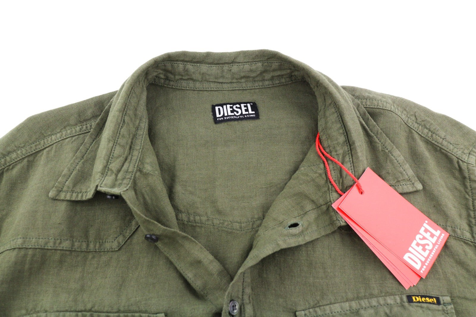 DIESEL S-East-Long-Lin Mens Shirt L Olive Green Linen Spread Neck RRP€175