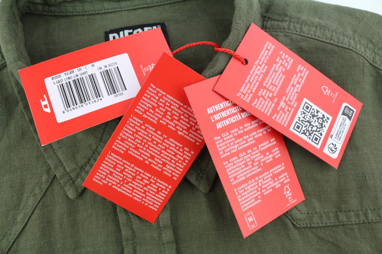 DIESEL S-East-Long-Lin Mens Shirt L Olive Green Linen Spread Neck RRP€175