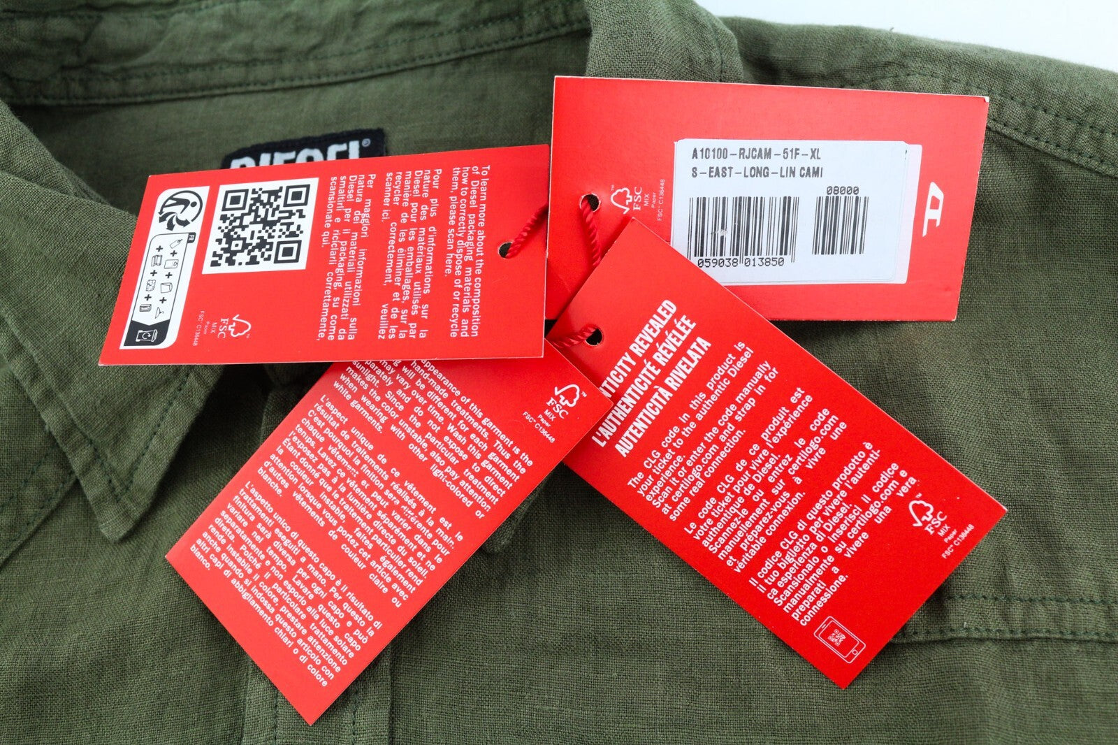 DIESEL S-East-Long-Lin Mens Shirt XL Olive Green Linen Buttoned RRP175