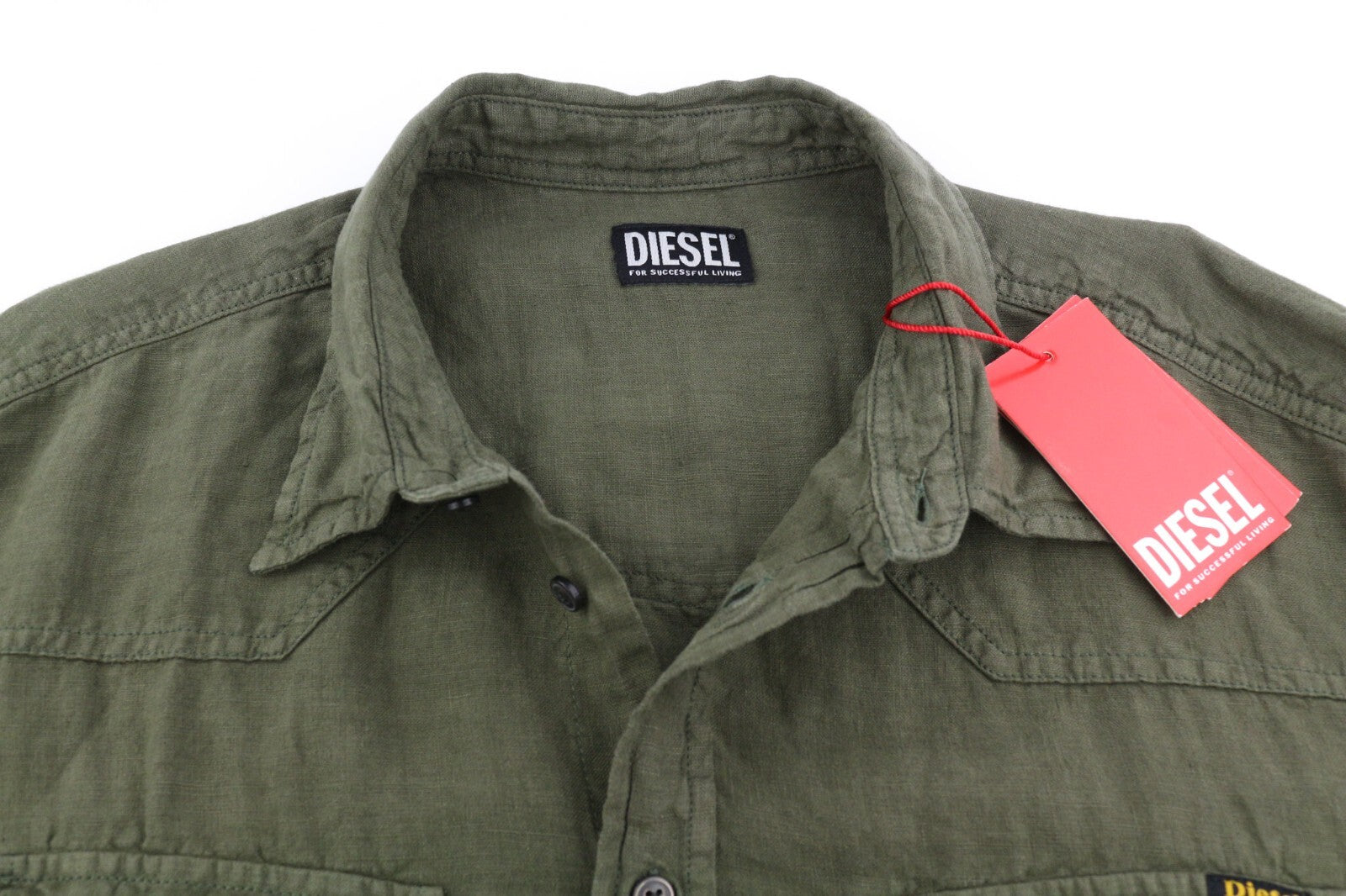 DIESEL S-East-Long-Lin Mens Shirt XL Olive Green Linen Buttoned RRP175