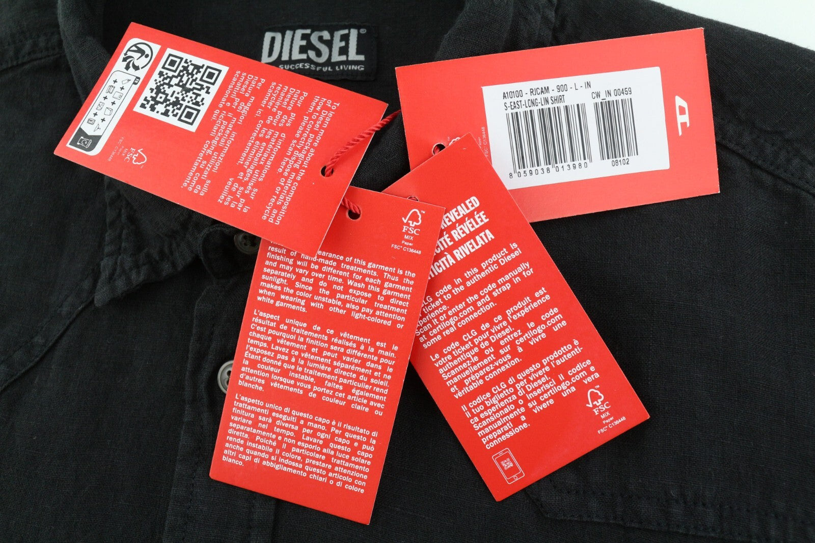 DIESEL S-East-Long-Lin Mens Shirt L Western Linen Spread Neck Black RRP€175