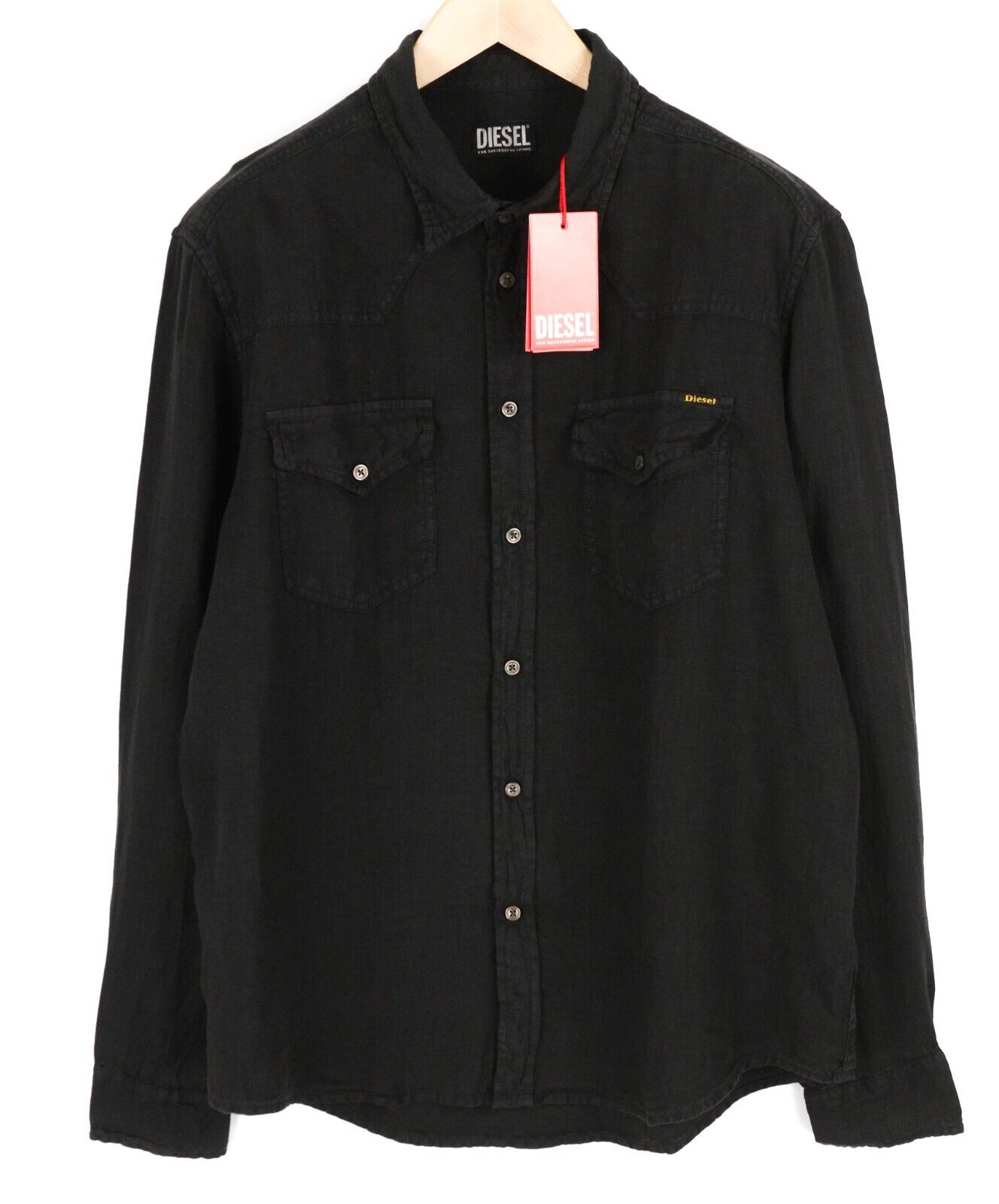 DIESEL S-East-Long-Lin Mens Shirt XL Western Linen RRP€175 Spread Neck Black