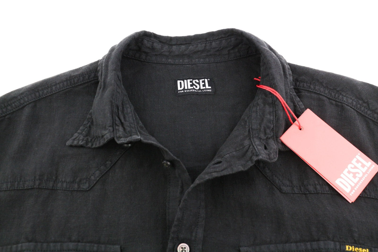 DIESEL S-East-Long-Lin Mens Shirt XL Western Linen RRP€175 Spread Neck Black
