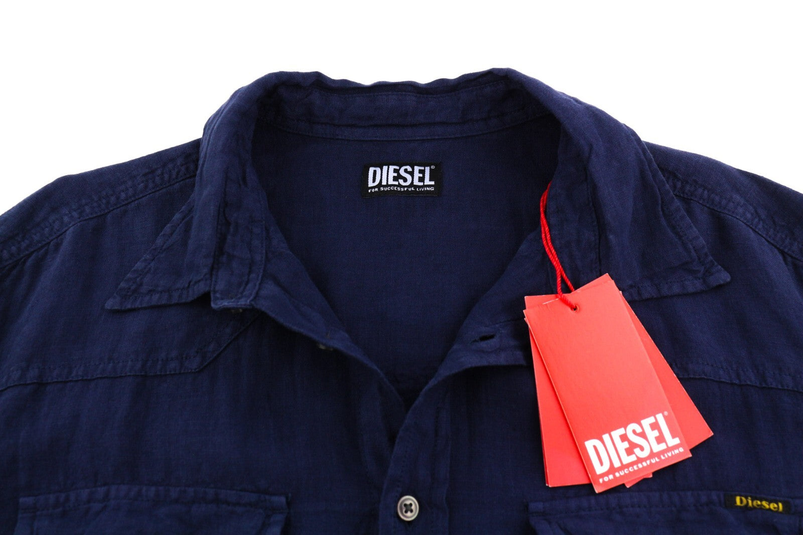 DIESEL S-East-Long-Lin Mens Shirt L Western Linen RRP€175 Spread Neck Dark Blue