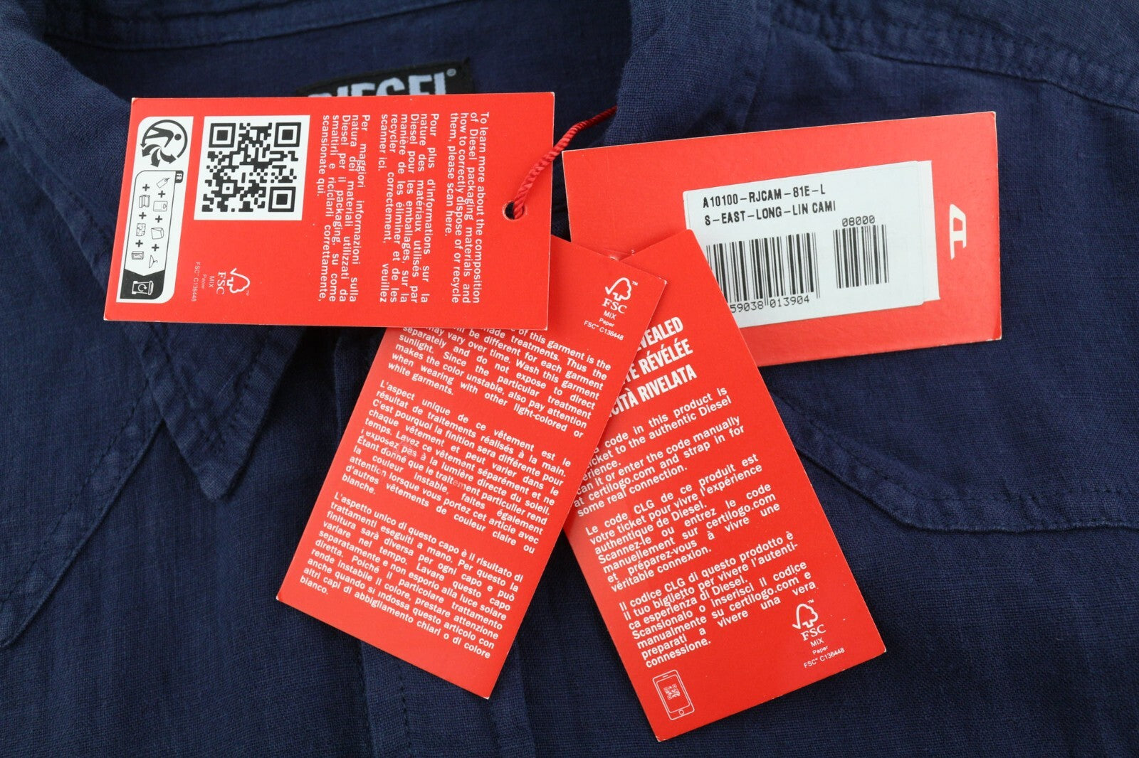 DIESEL S-East-Long-Lin Mens Shirt L Western Linen RRP€175 Spread Neck Dark Blue