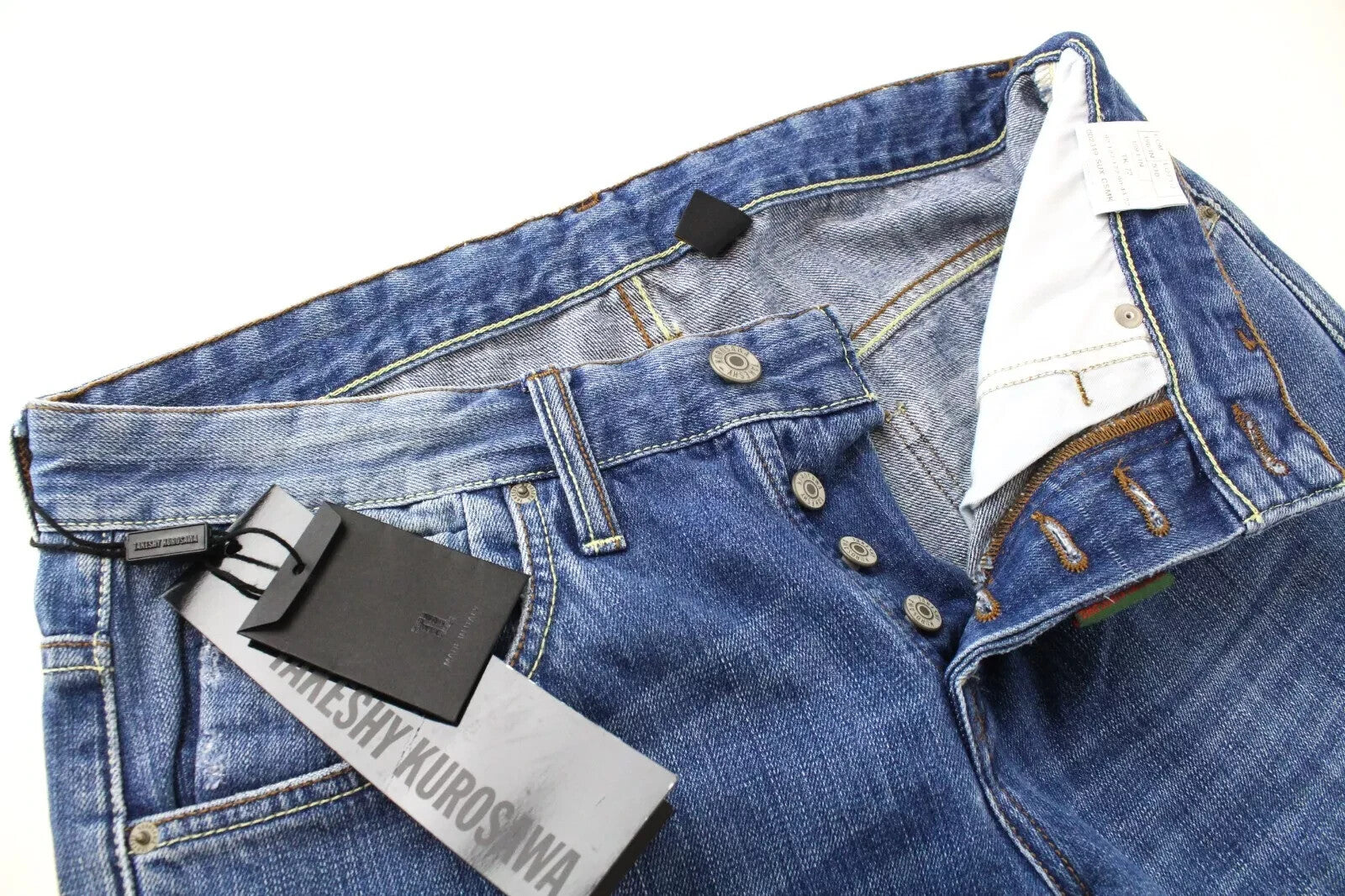 TAKESHY KUROSAWA Slim džinsai W34 dažytos mėlynos spalvos su dirbtiniais įbrėžimais ir sagomis vyrams 