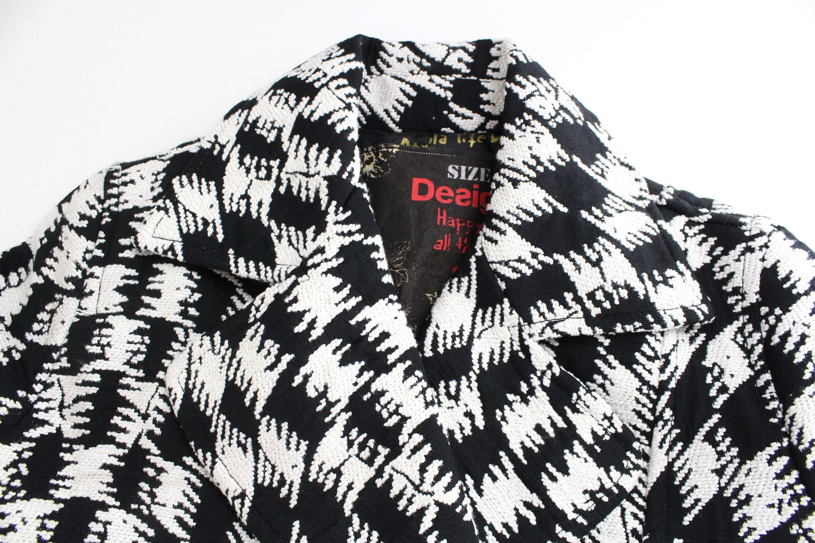 DESIGUAL Women's Coat 38 White Black Print Single Lined Belted