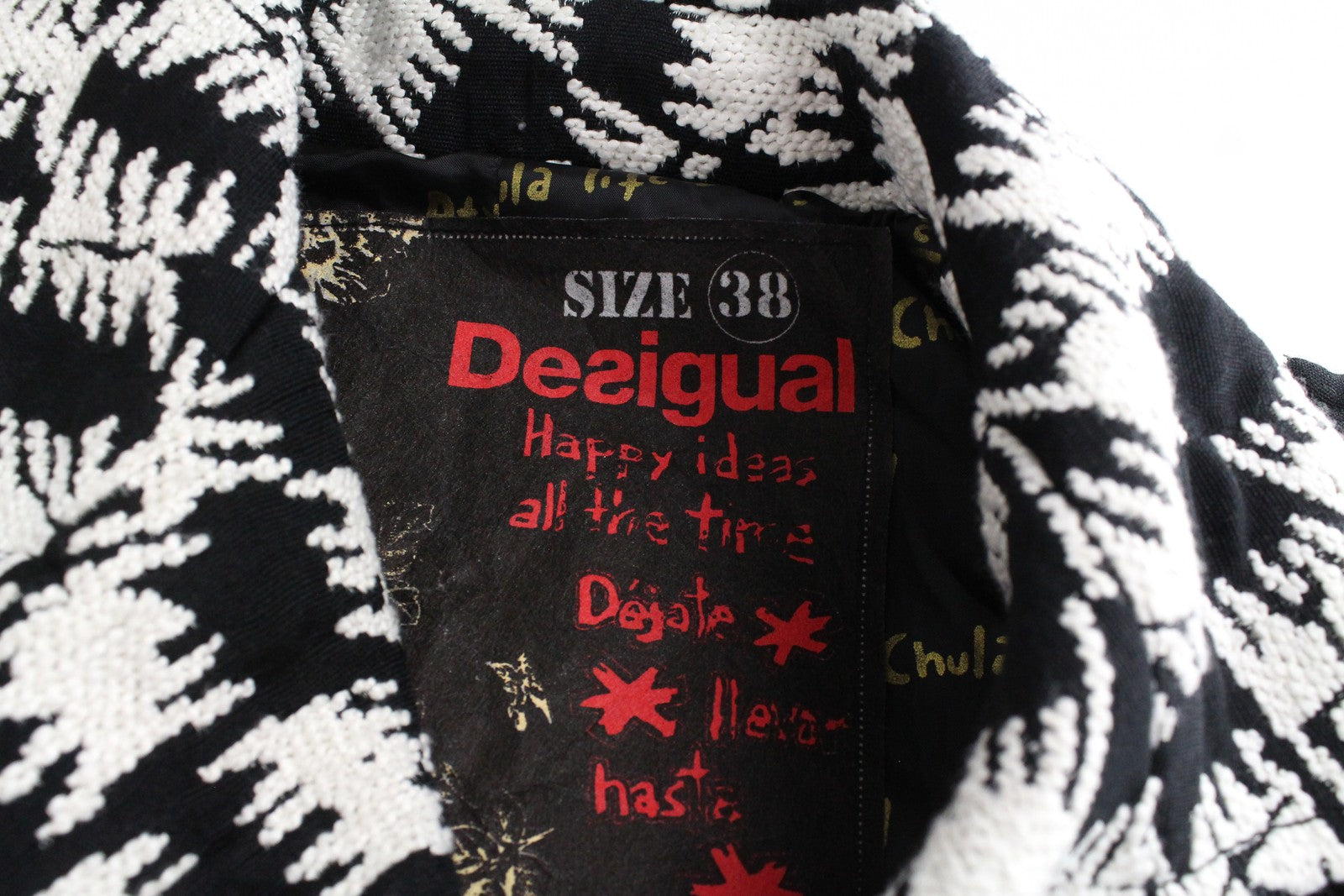 DESIGUAL Women's Coat 38 White Black Print Single Lined Belted