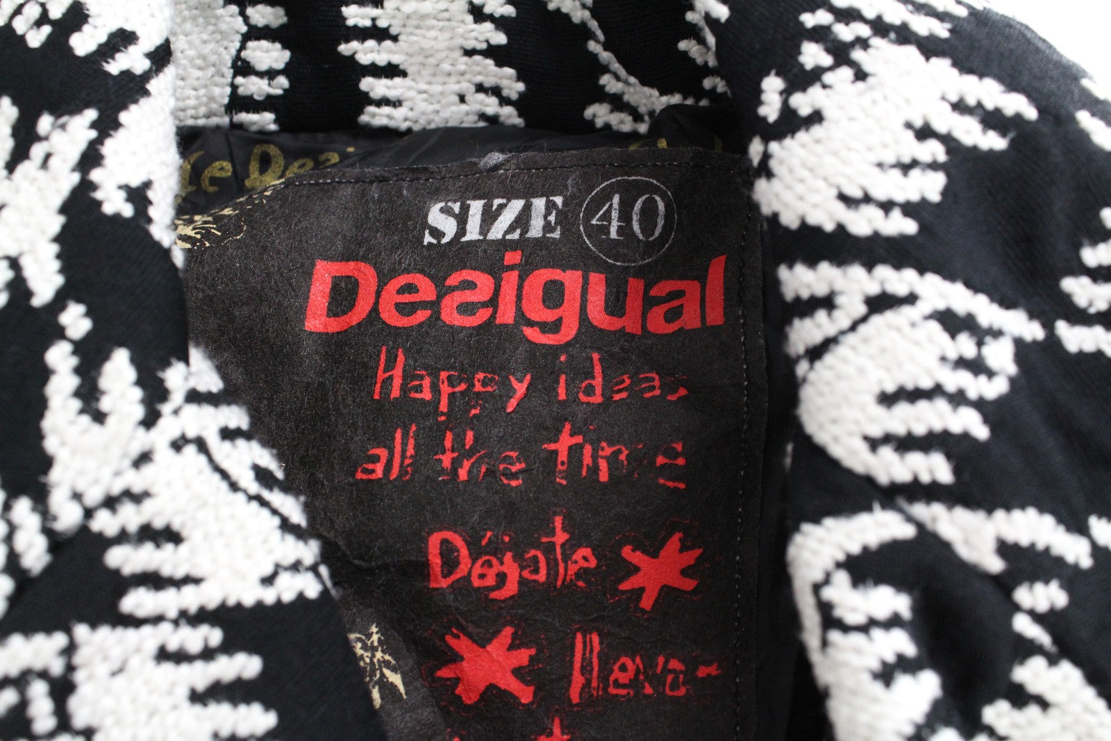 DESIGUAL Women's Coat 40 White Black Print Single Lined Belted