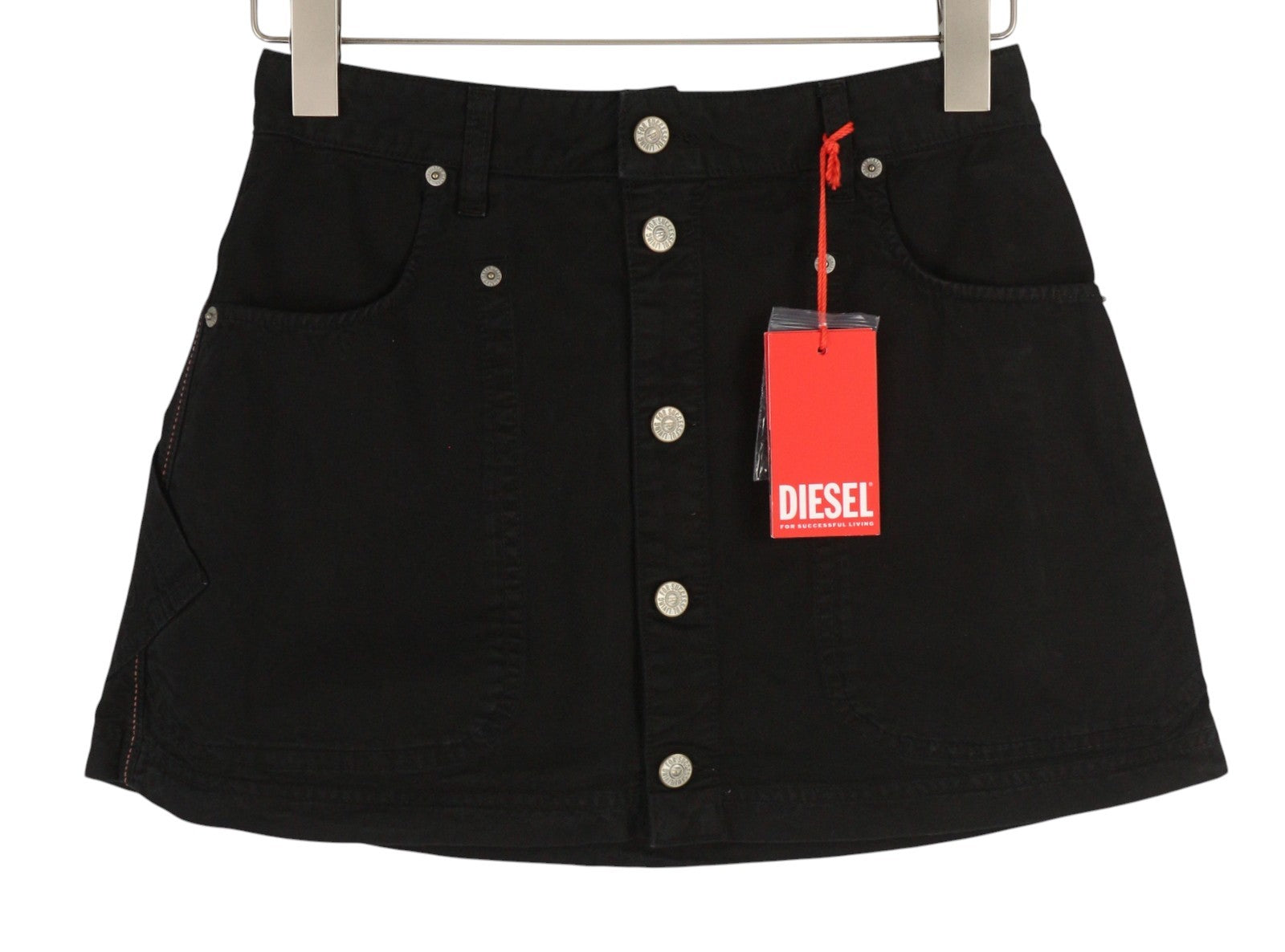 DIESEL O-Beige Women Skirt W26 Black Cotton RRP150 5-Design Pockets Logo Mini
