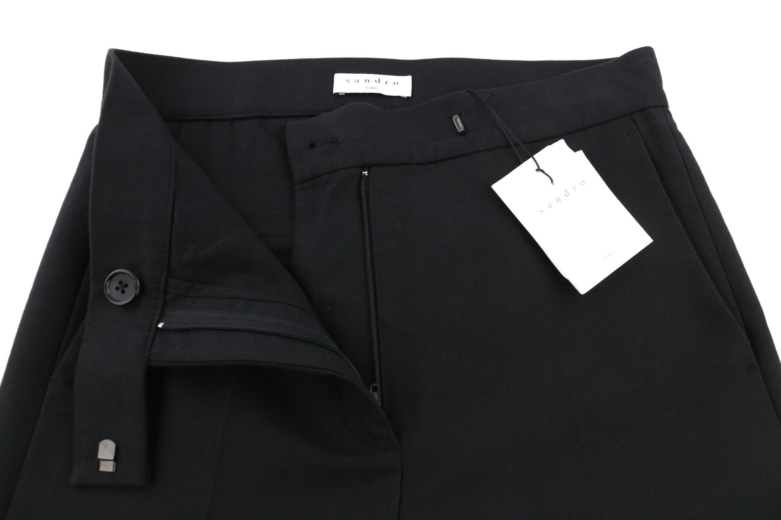 SANDRO Women Trousers 36 Black Cotton Blend Pleated Front Classic Formal