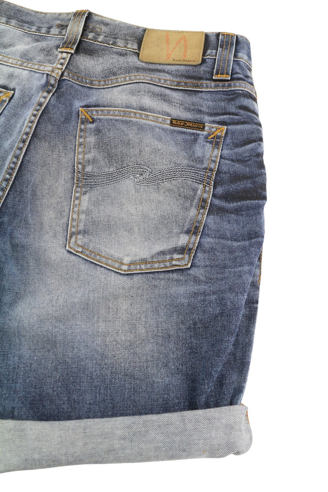 NUDIE JEANS Grim Tim Men Shorts W33 Washed Denim Blue Button Fly Cotton Turn Up