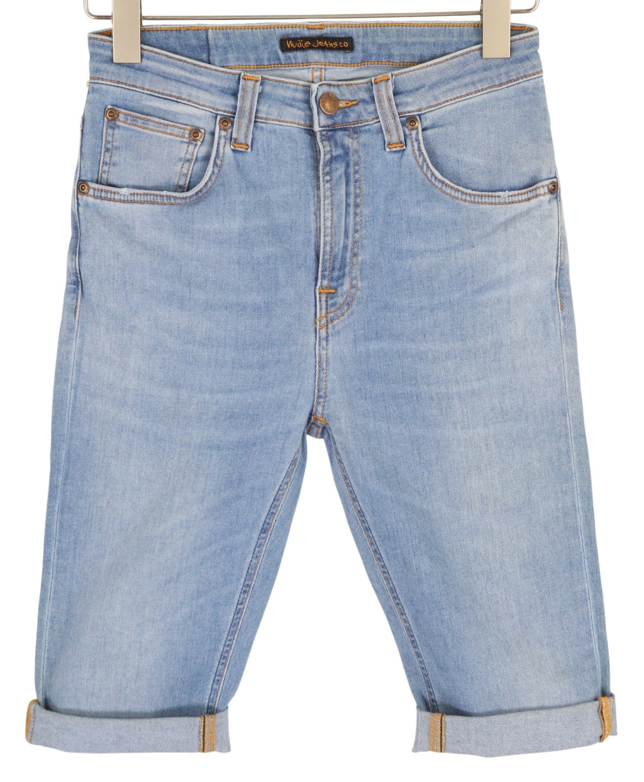 NUDIE JEANS Hightop Tilde Men Shorts W30 Washed Denim Blue Zip Turn Up Pockets