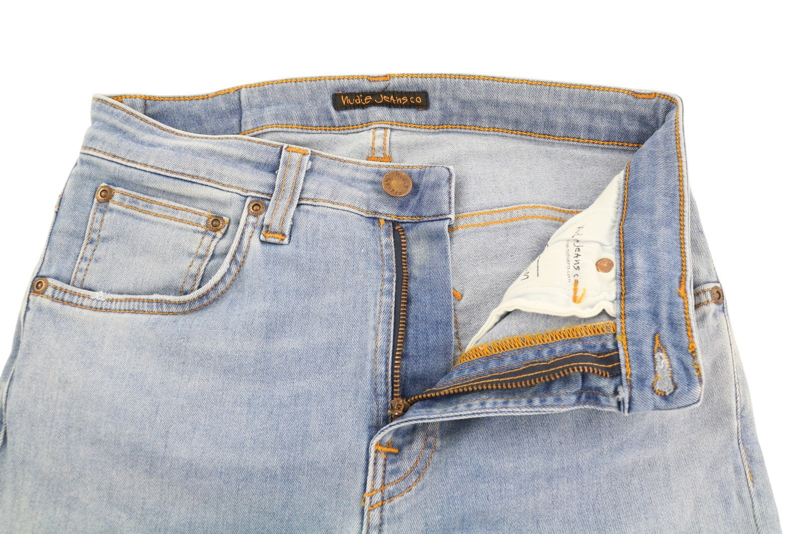 NUDIE JEANS Hightop Tilde Men Shorts W30 Washed Denim Blue Zip Turn Up Pockets