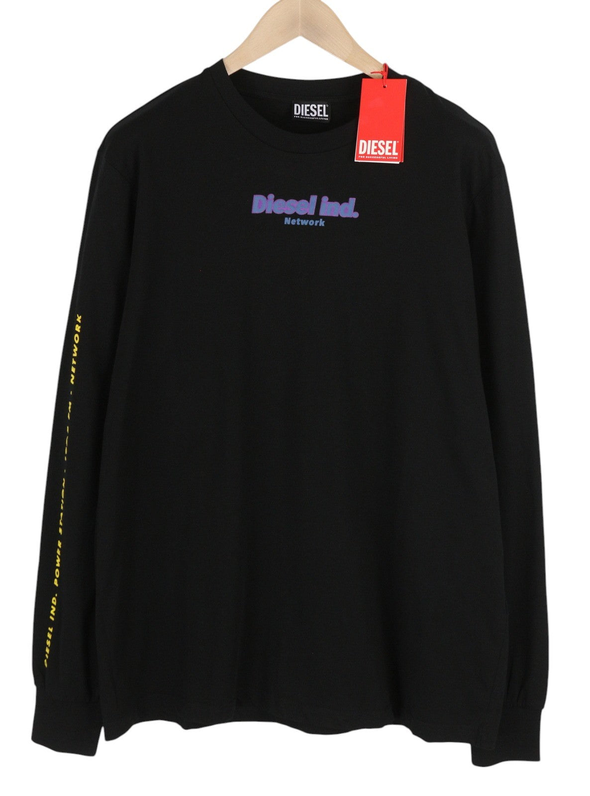 DIESEL T-Just-Ls-E4 Men T-Shirt XL Black Patterned Crew Neck Long Sleeve Logo