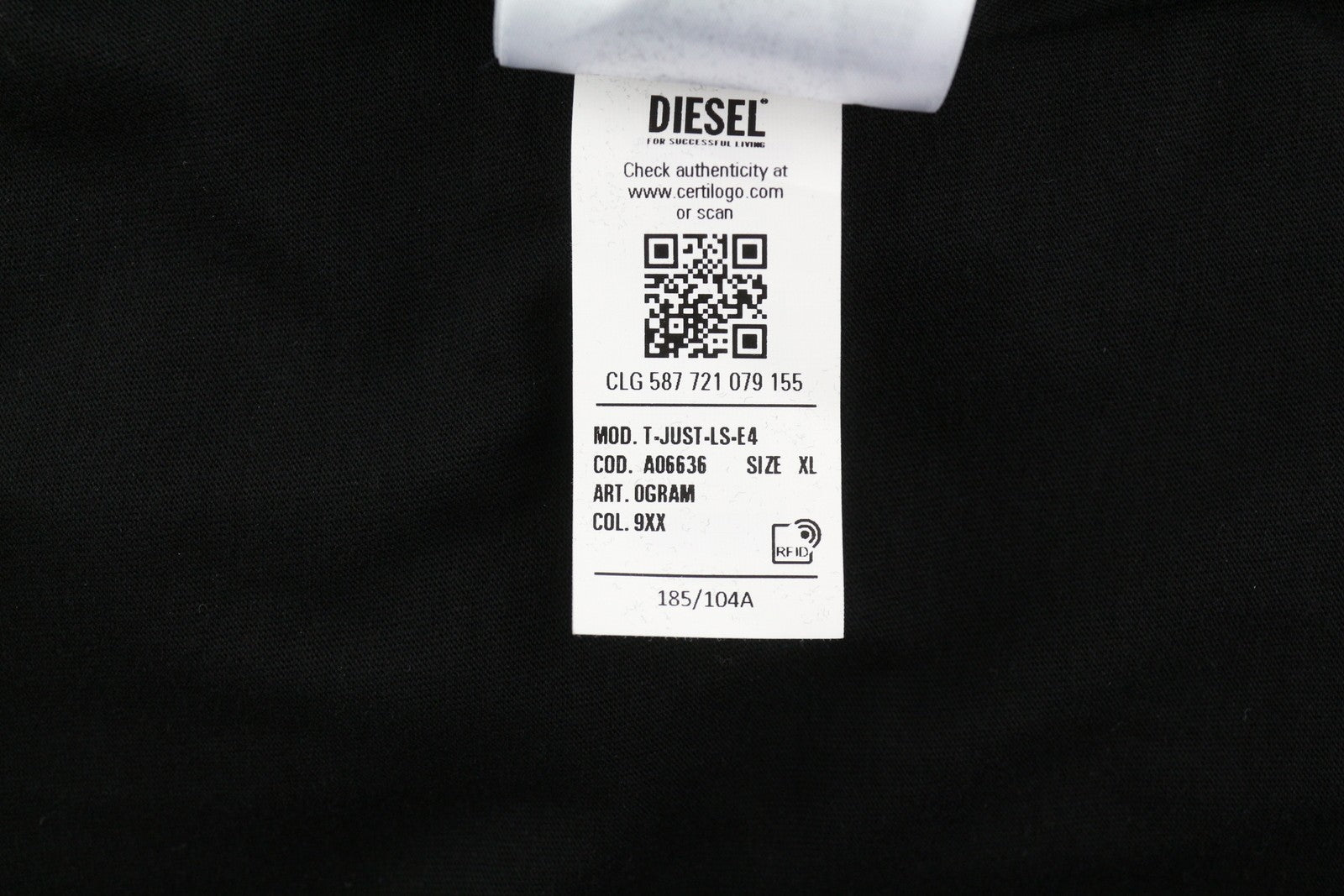 DIESEL T-Just-Ls-E4 Men T-Shirt XL Black Patterned Crew Neck Long Sleeve Logo
