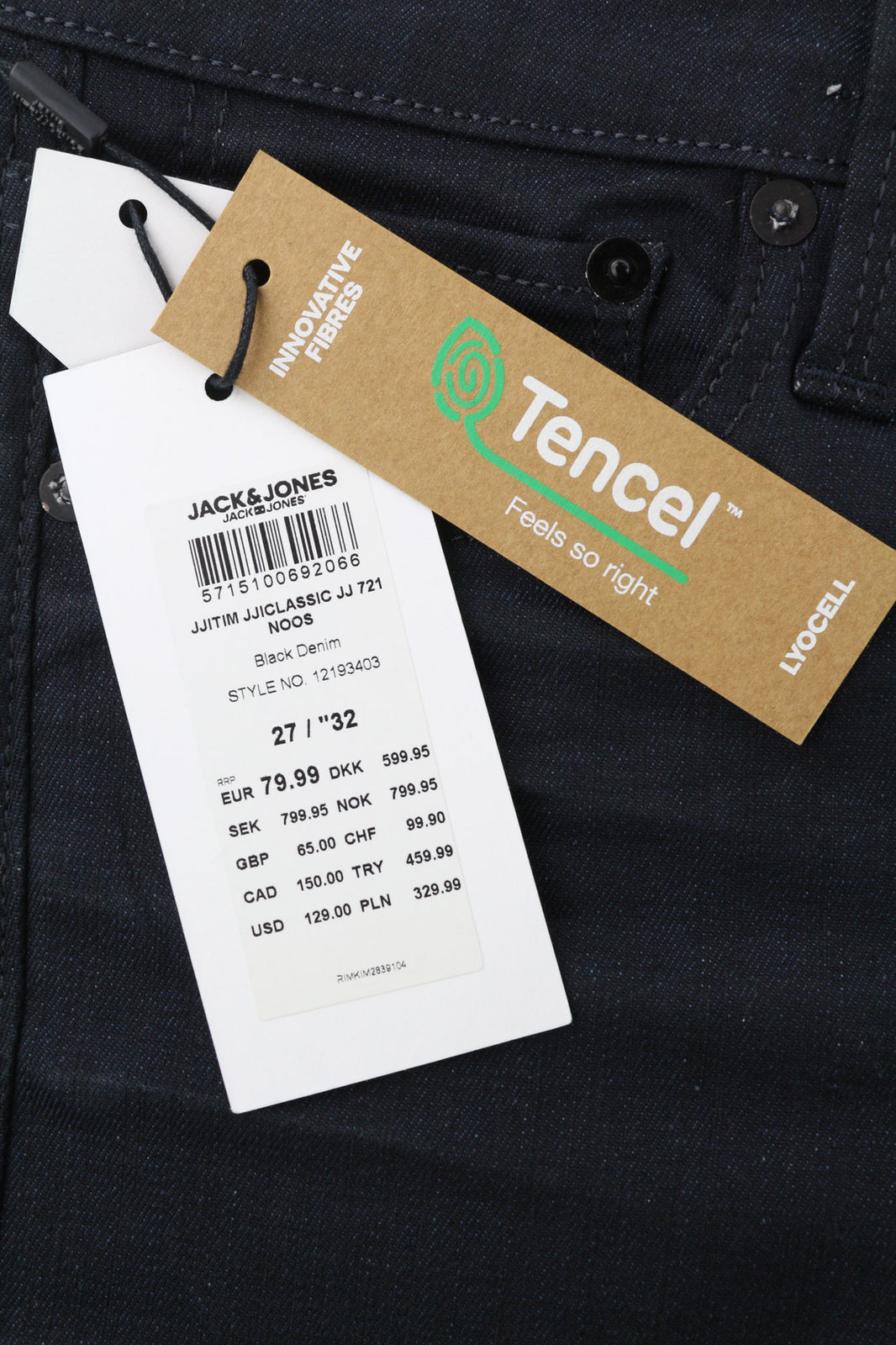 JACK & JONES Tim Men Jeans W27/L32 Slim Straight Cotton Stretch Black Button-Fly