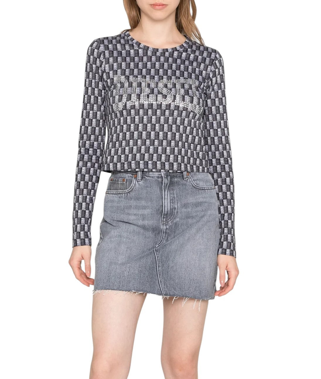 DIESEL T-Inacrop Women T-Shirt S Grey Patterned Rhinestones Cropped Long Sleeve