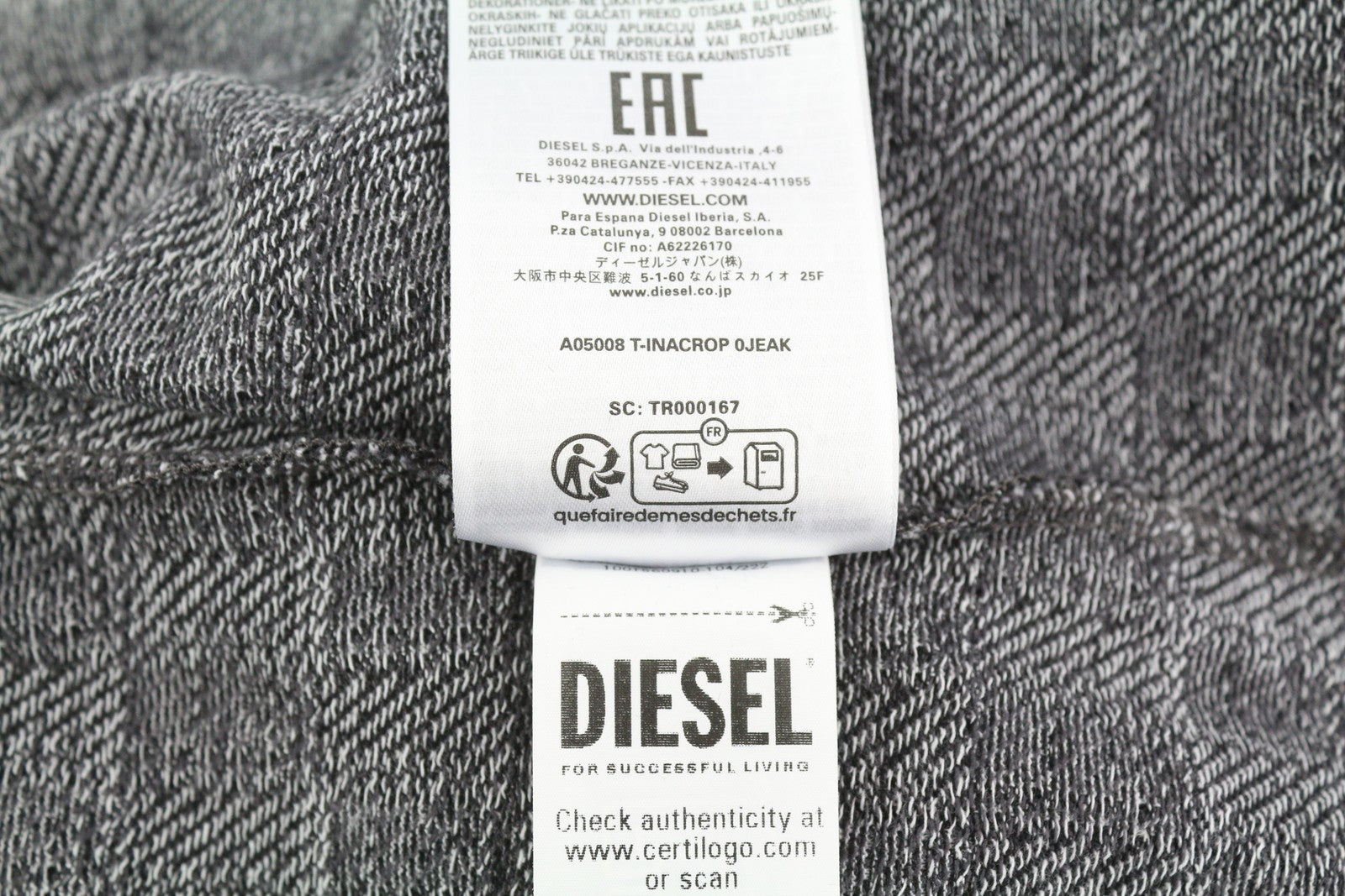 DIESEL T-Inacrop Women T-Shirt S Grey Patterned Rhinestones Cropped Long Sleeve