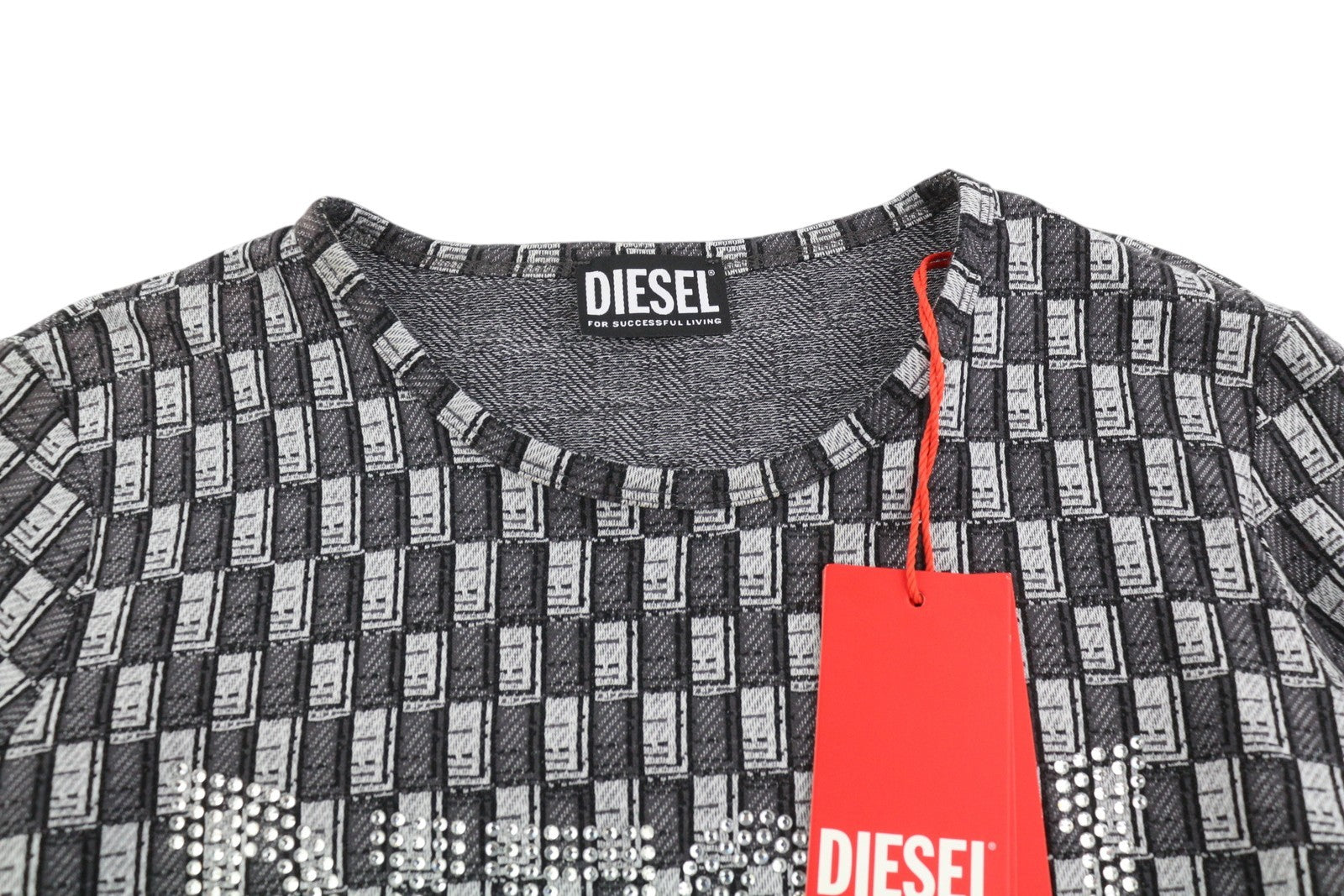 DIESEL T-Inacrop Women T-Shirt S Grey Patterned Rhinestones Cropped Long Sleeve