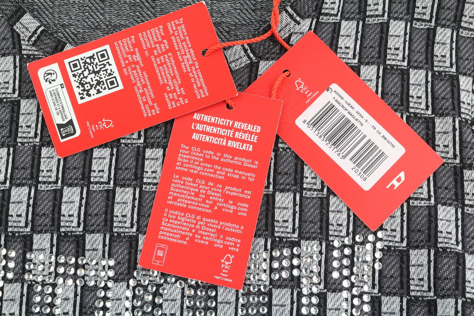 DIESEL T-Inacrop Women T-Shirt S Grey Patterned Rhinestones Cropped Long Sleeve