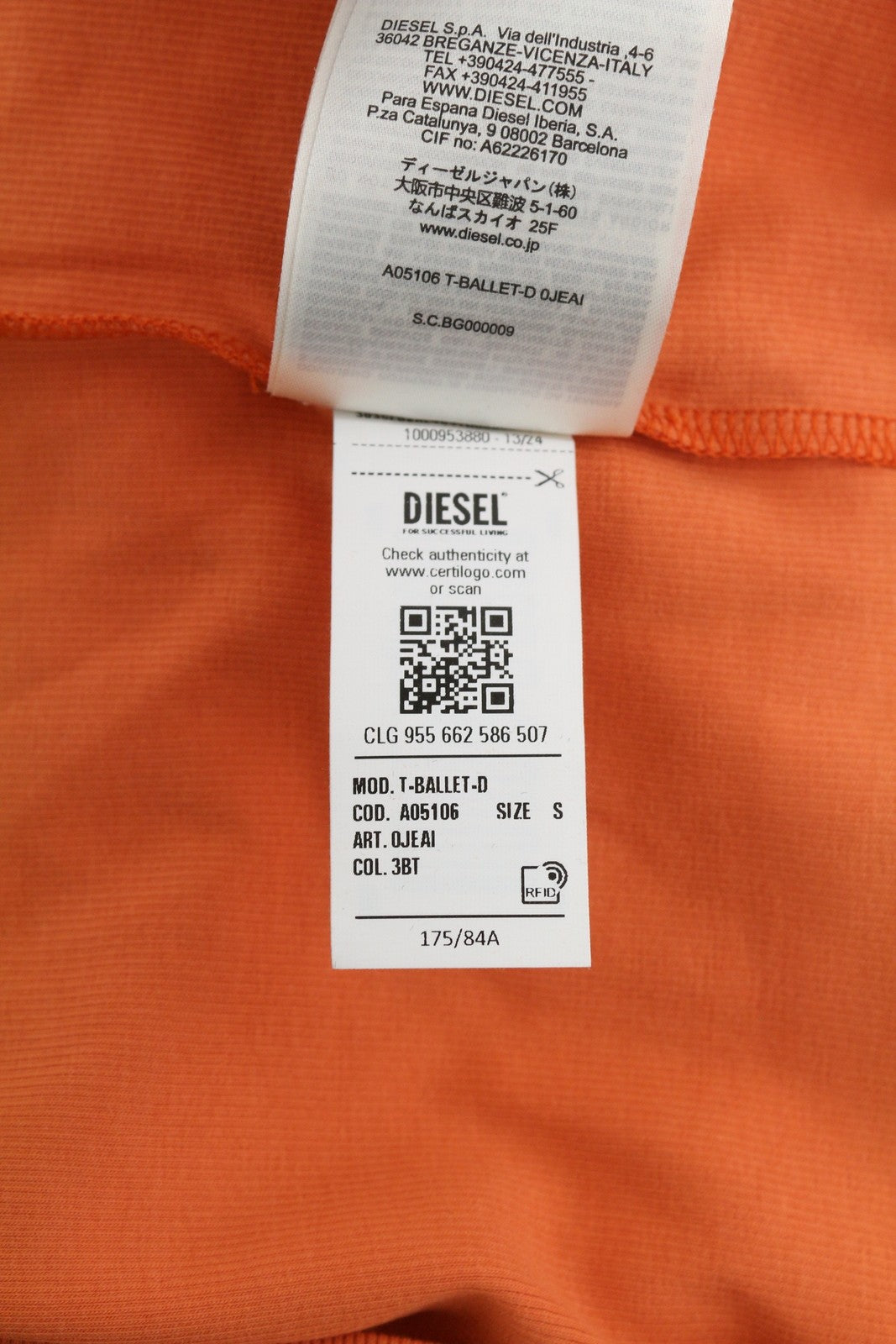 DIESEL T-Ballet-D Women T-Shirt S Orange Long Sleeve Cropped Round Neck Ribbed