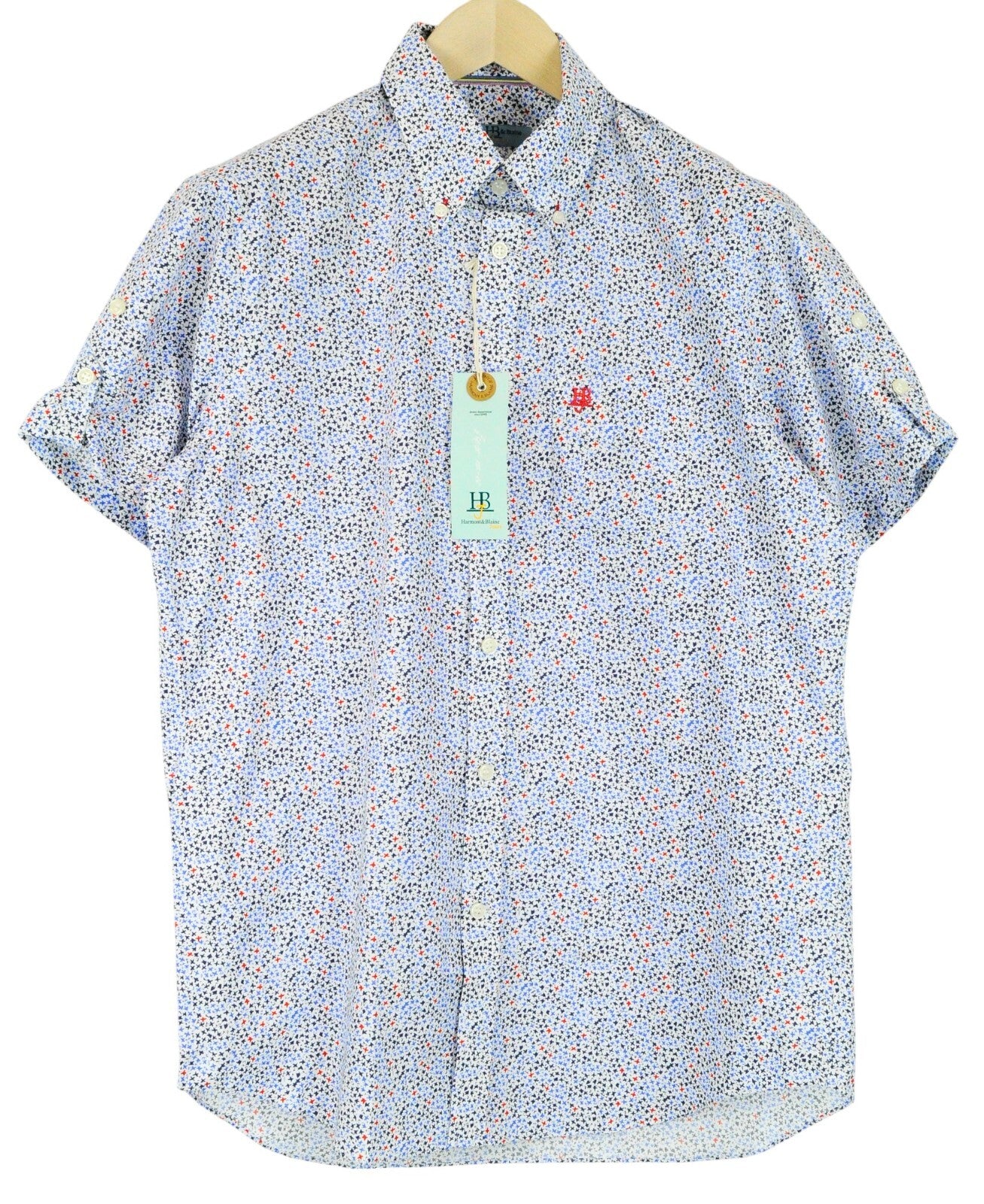 HARMONT & BLAINE Men's L White Cotton Shirt Pattern Collar Short Button Front