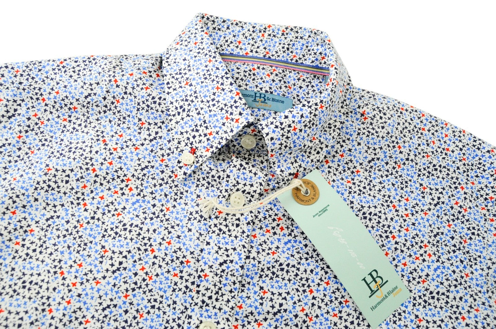 HARMONT & BLAINE Men's L White Cotton Shirt Pattern Collar Short Button Front