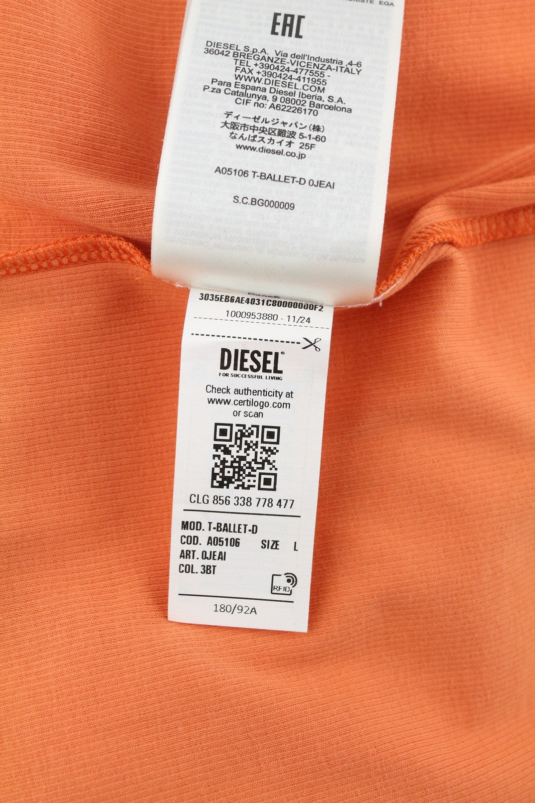 DIESEL T-Ballet-D Women T-Shirt L Orange Long Sleeve Cropped Round Neck Ribbed