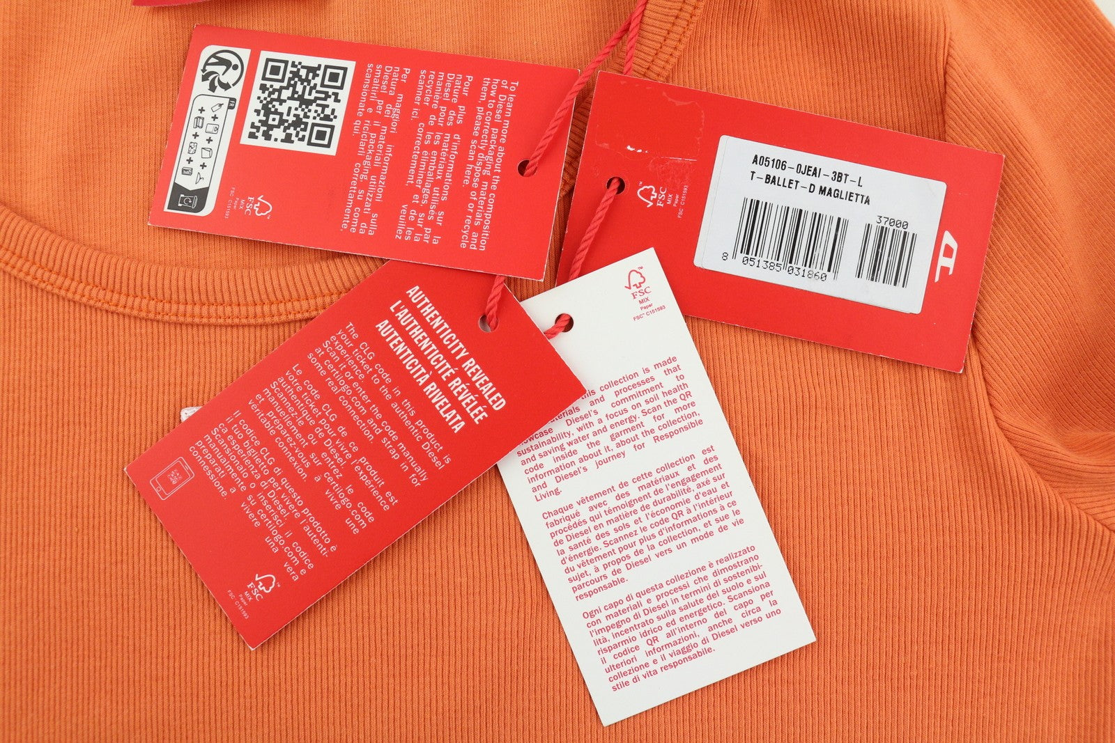 DIESEL T-Ballet-D Women T-Shirt L Orange Long Sleeve Cropped Round Neck Ribbed