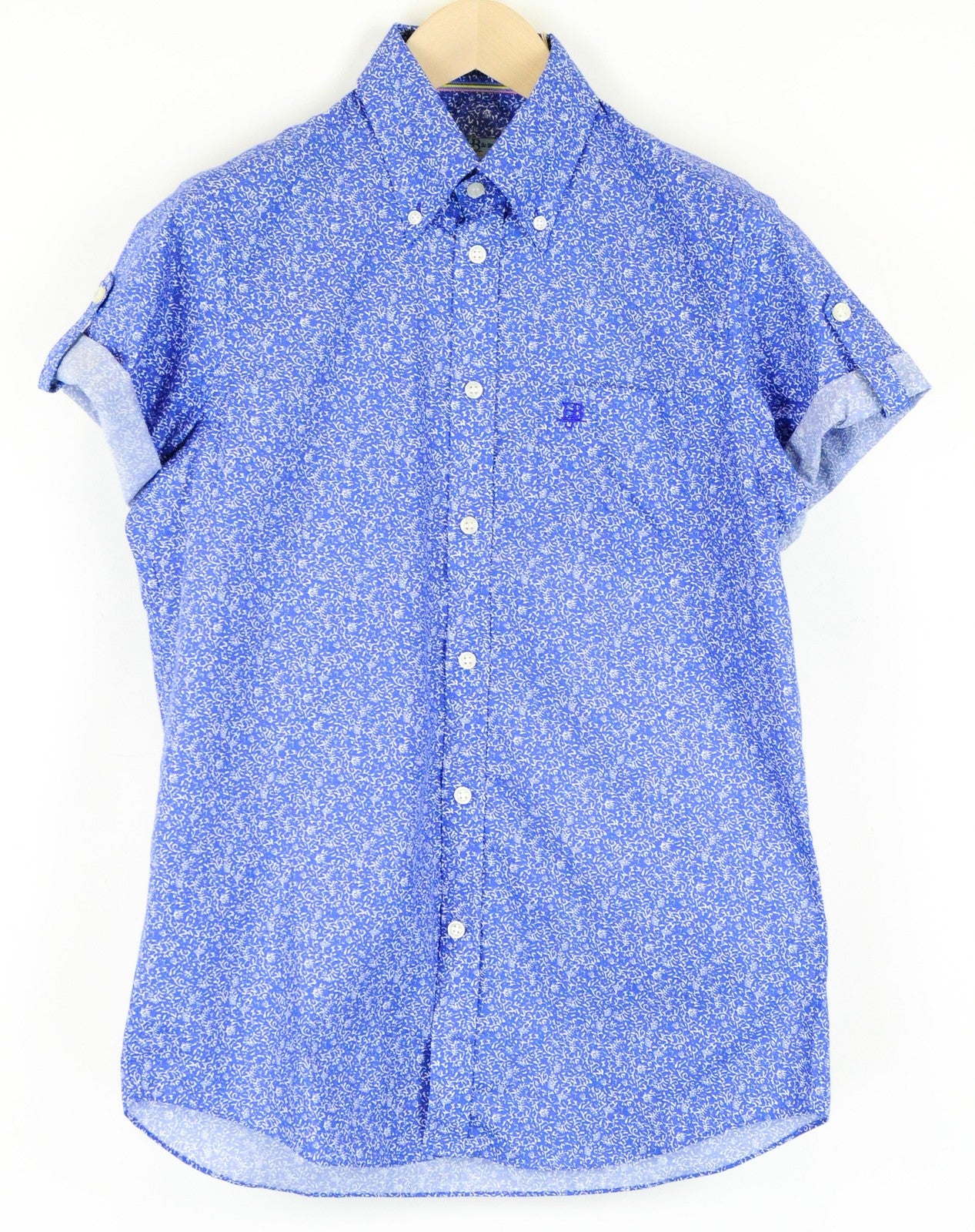 HARMONT & BLAINE Blue Cotton Shirt M Short Sleeve Patterned Collar for Men