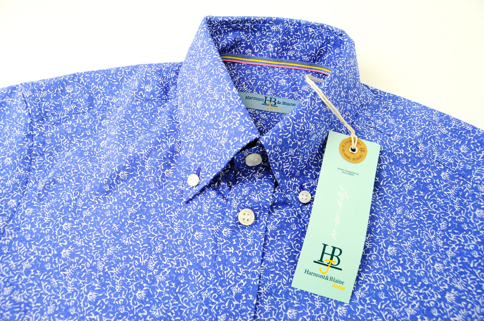 HARMONT & BLAINE Blue Cotton Shirt M Short Sleeve Patterned Collar for Men
