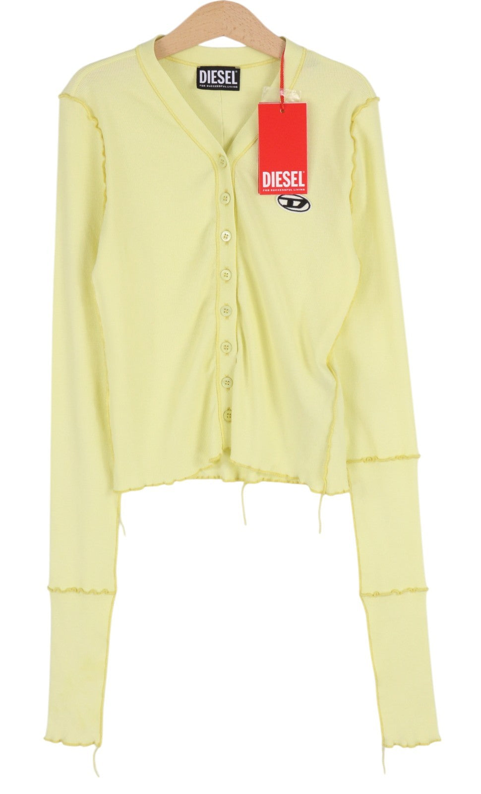 DIESEL T-Ribby-Open Women T-Shirt M Yellow Cardigan Buttoned Cropped Ribbed