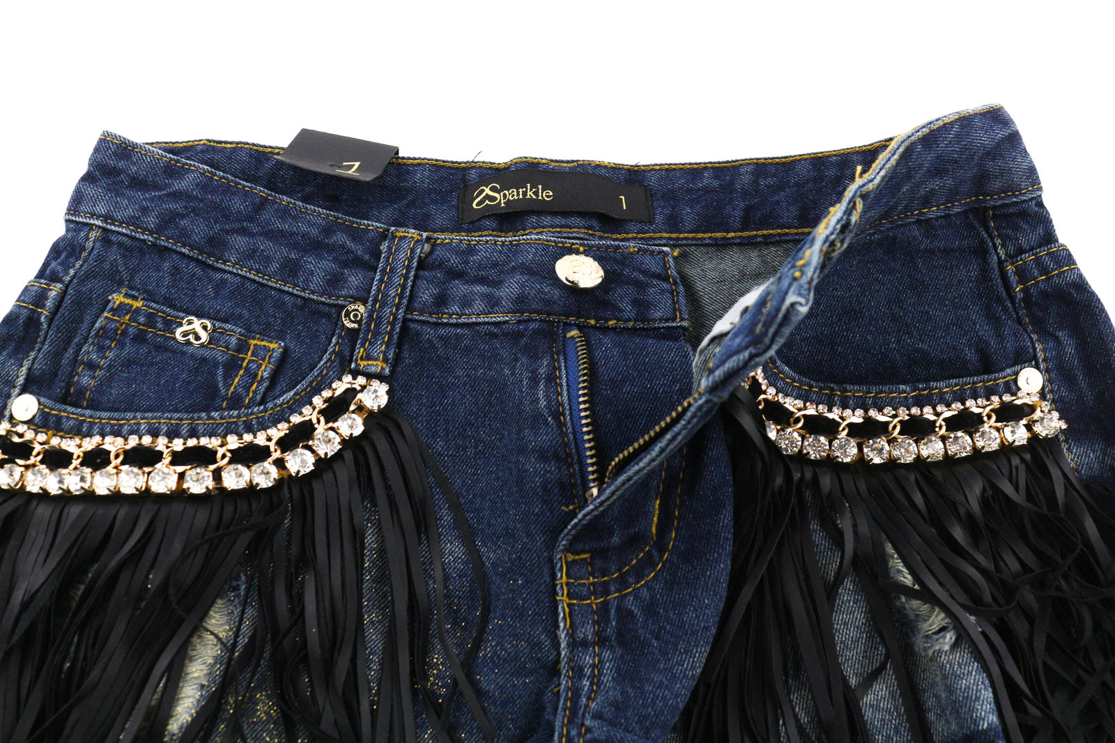 SPARKLE Women Shorts 1 Blue Cotton Denim Fringe Detailed Summer Cut Out