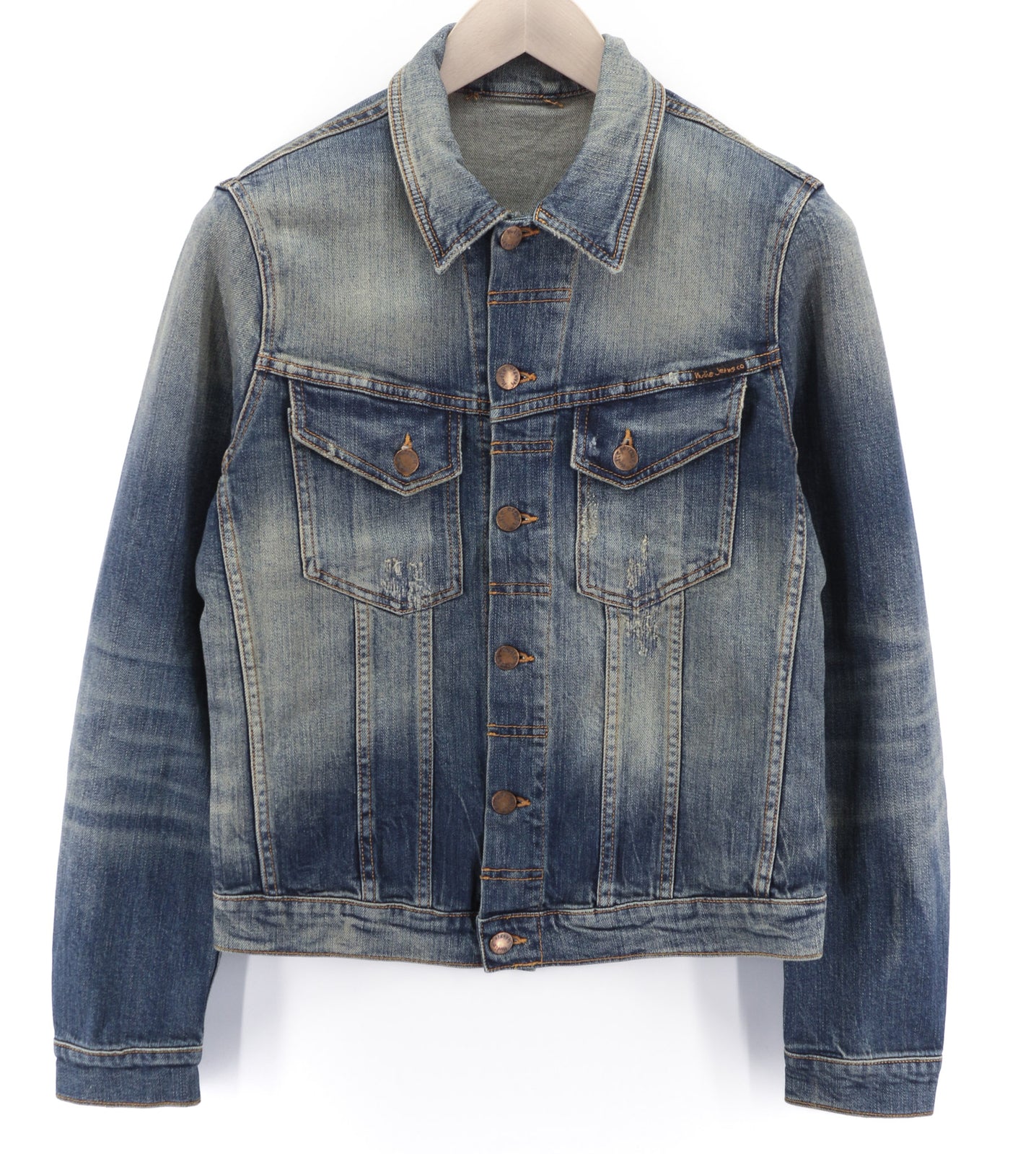 NUDIE Men Jacket S Distressed Blue PL Neck Unlined Pockets Button Closure Logo