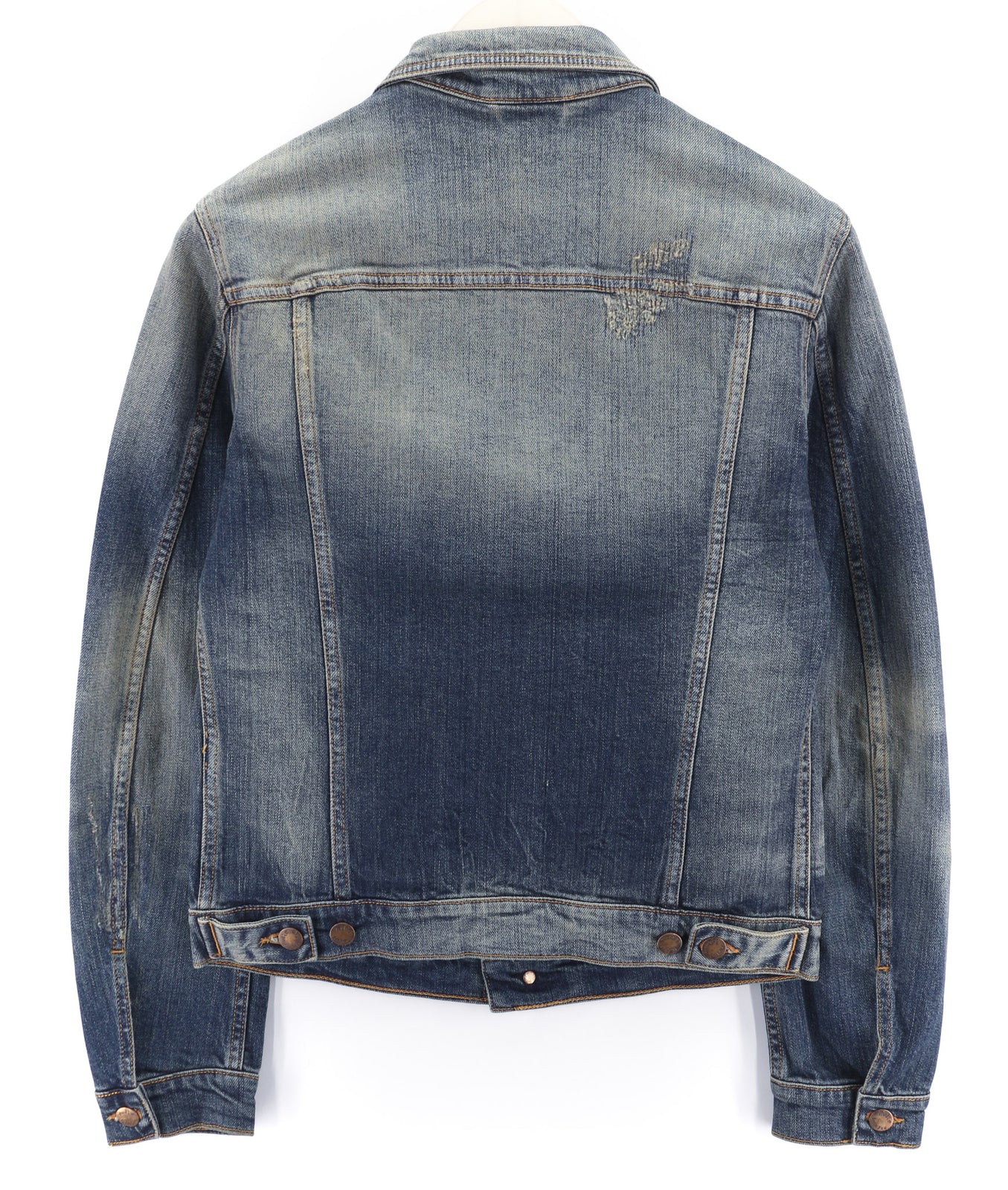 NUDIE Men Jacket S Distressed Blue PL Neck Unlined Pockets Button Closure Logo