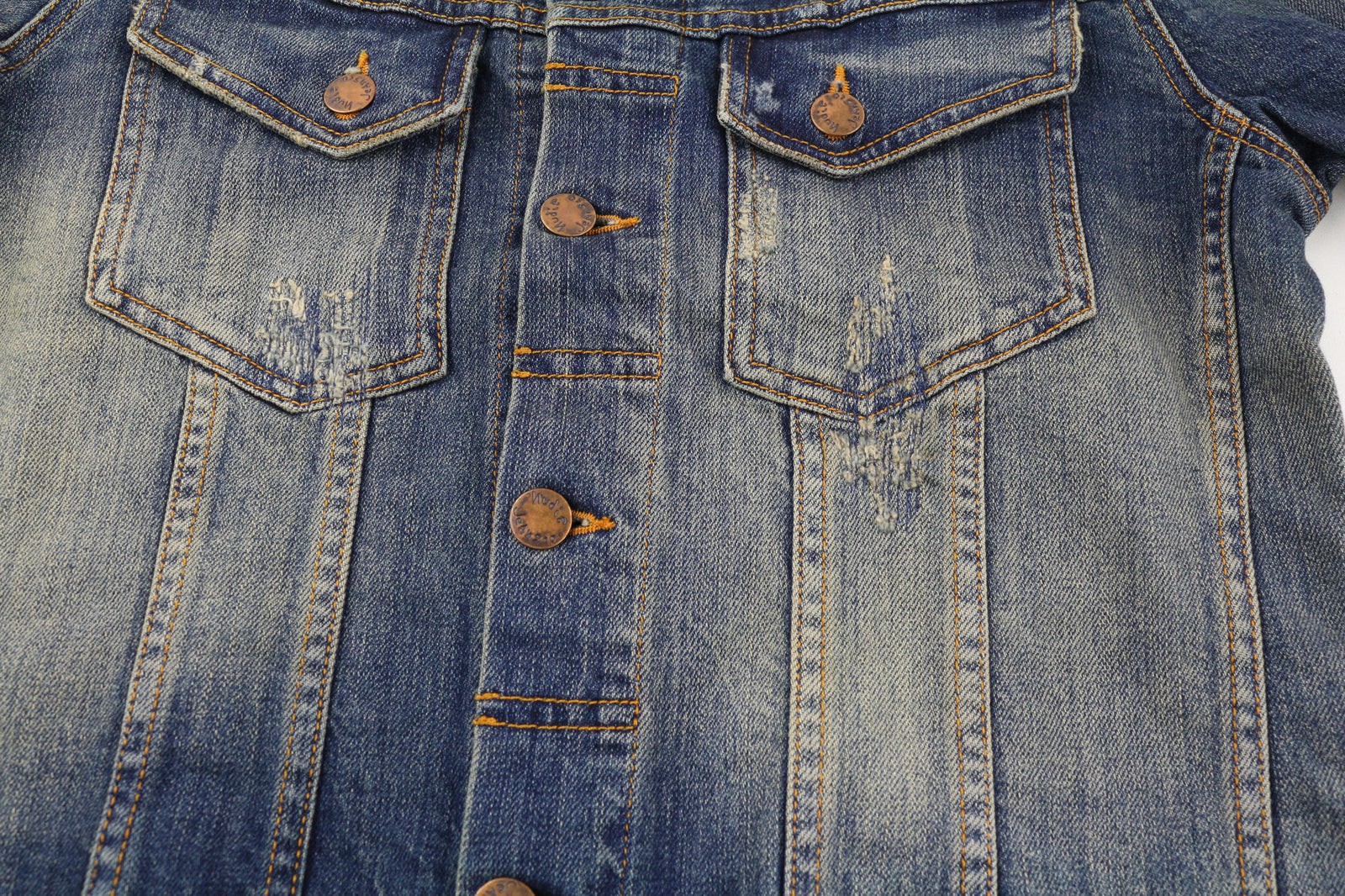 NUDIE Men Jacket S Distressed Blue PL Neck Unlined Pockets Button Closure Logo