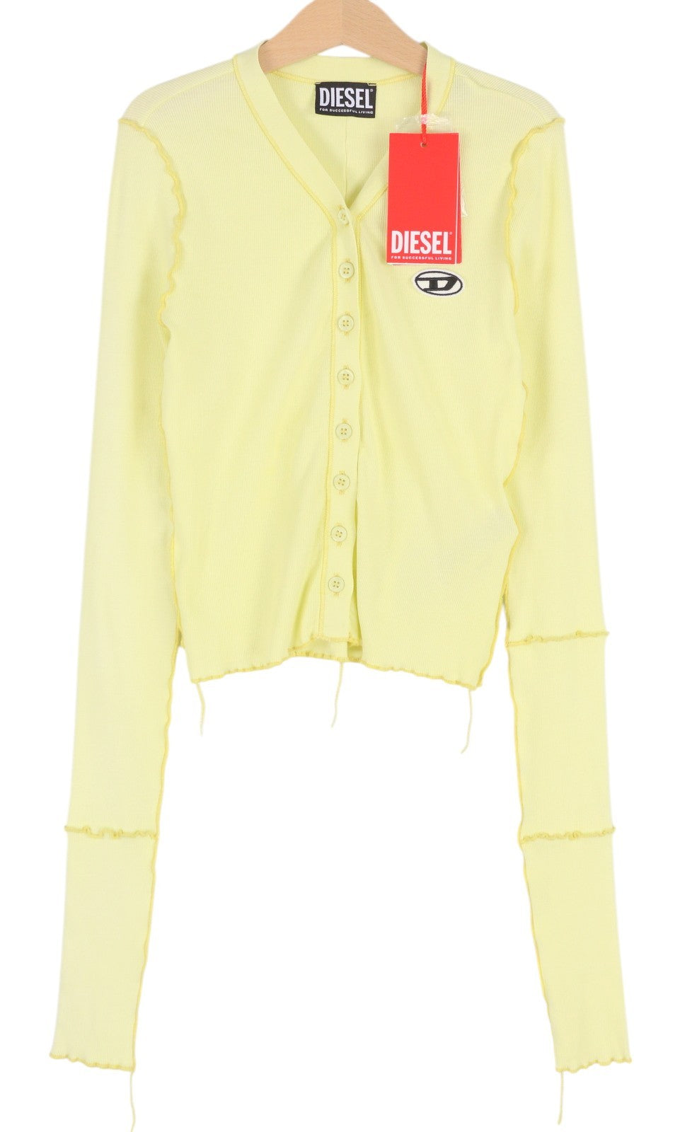 DIESEL T-Ribby-Open Women T-Shirt M Yellow Cardigan Button Cropped Ribbed Logo