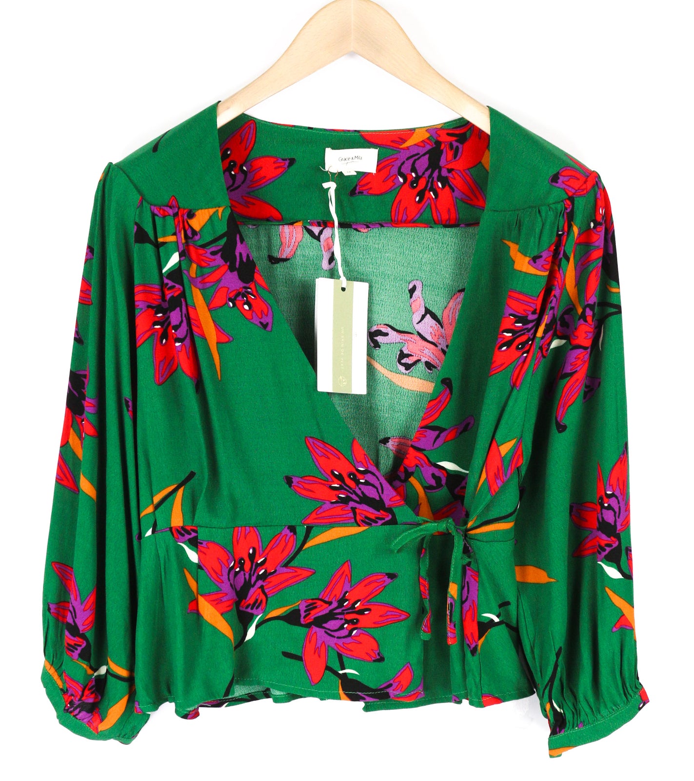 GRACE & MILA Bastia Women Blouse M Green Flower Print Long Sleeved Wrap V-Neck